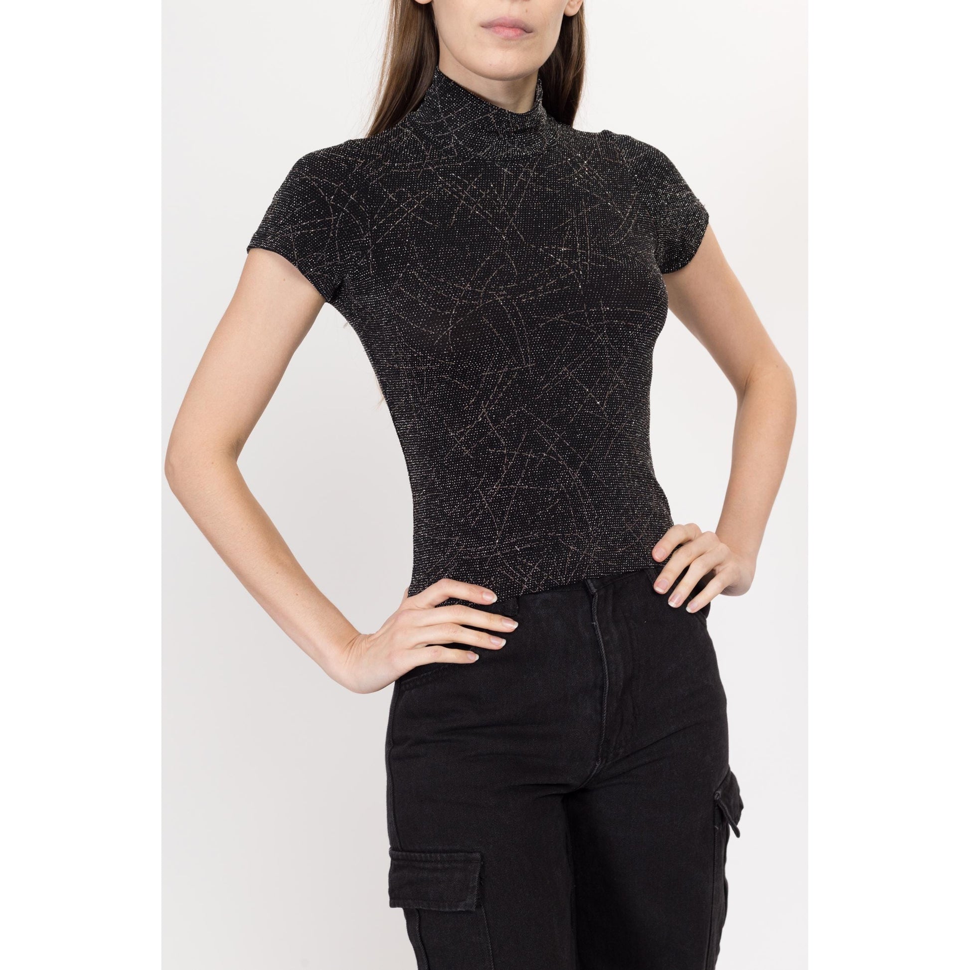 XS-Sm 90s Black & Silver Glitter Mockneck Top | Vintage Gothic Stretchy Sparkle Shirt