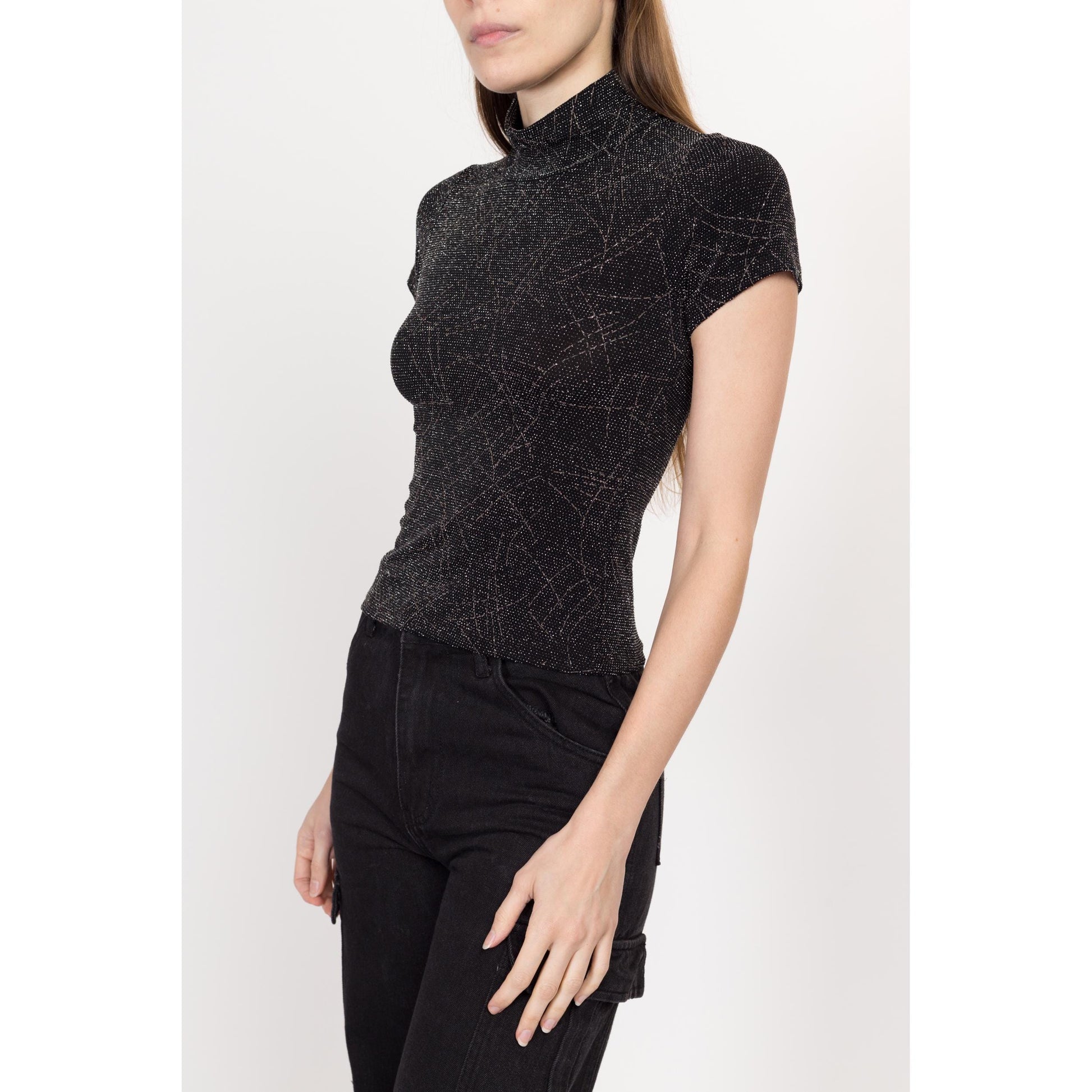 XS-Sm 90s Black & Silver Glitter Mockneck Top | Vintage Gothic Stretchy Sparkle Shirt