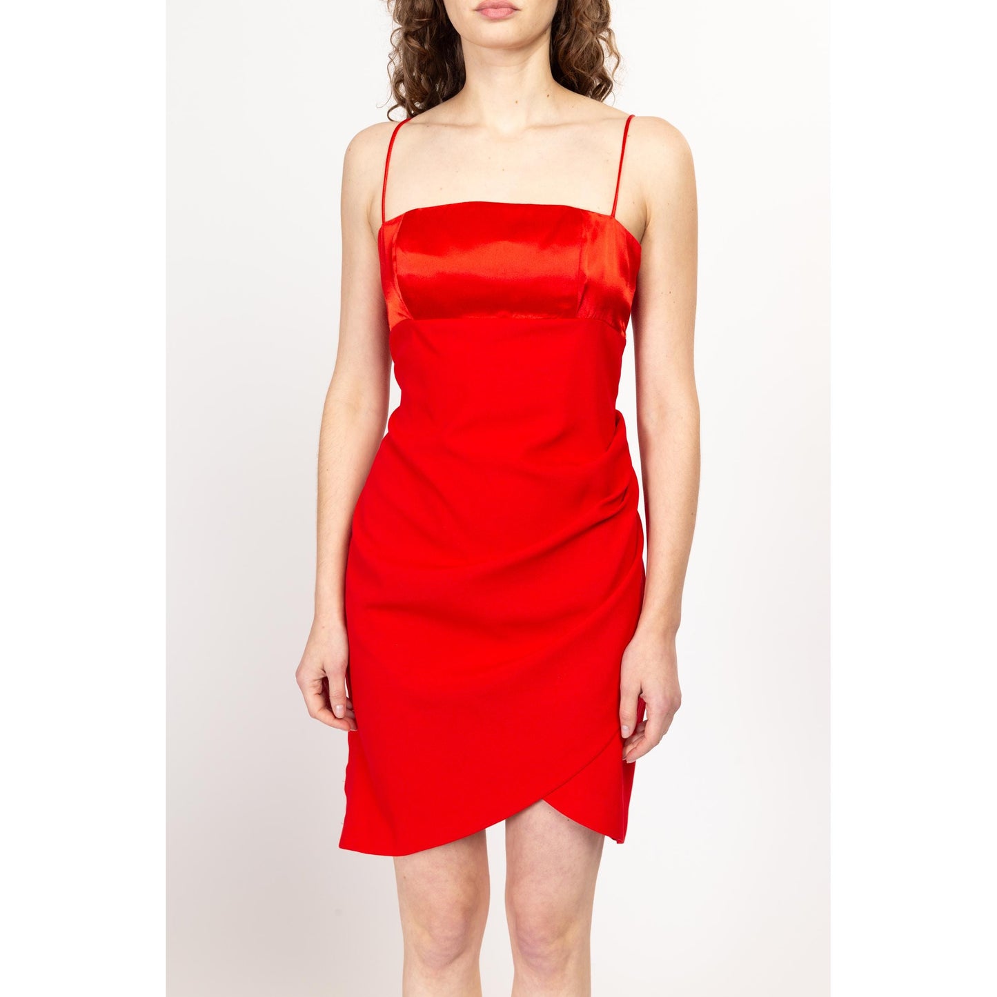 Medium 90s Red Draped Mini Party Dress | Vintage Satin Bust Spaghetti Strap Sexy Cocktail Dress