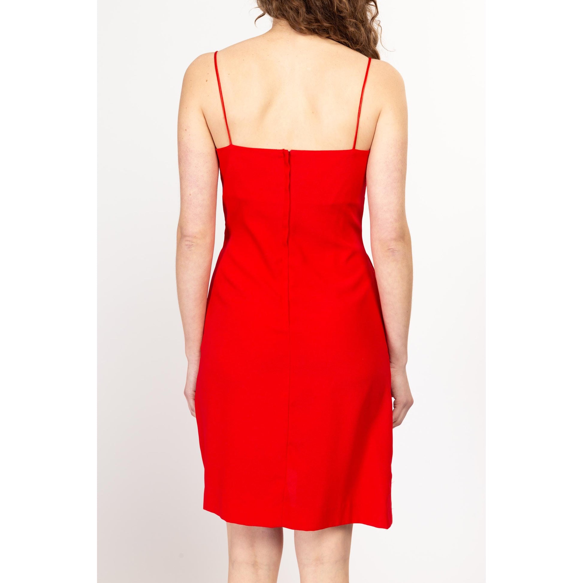 Medium 90s Red Draped Mini Party Dress | Vintage Satin Bust Spaghetti Strap Sexy Cocktail Dress