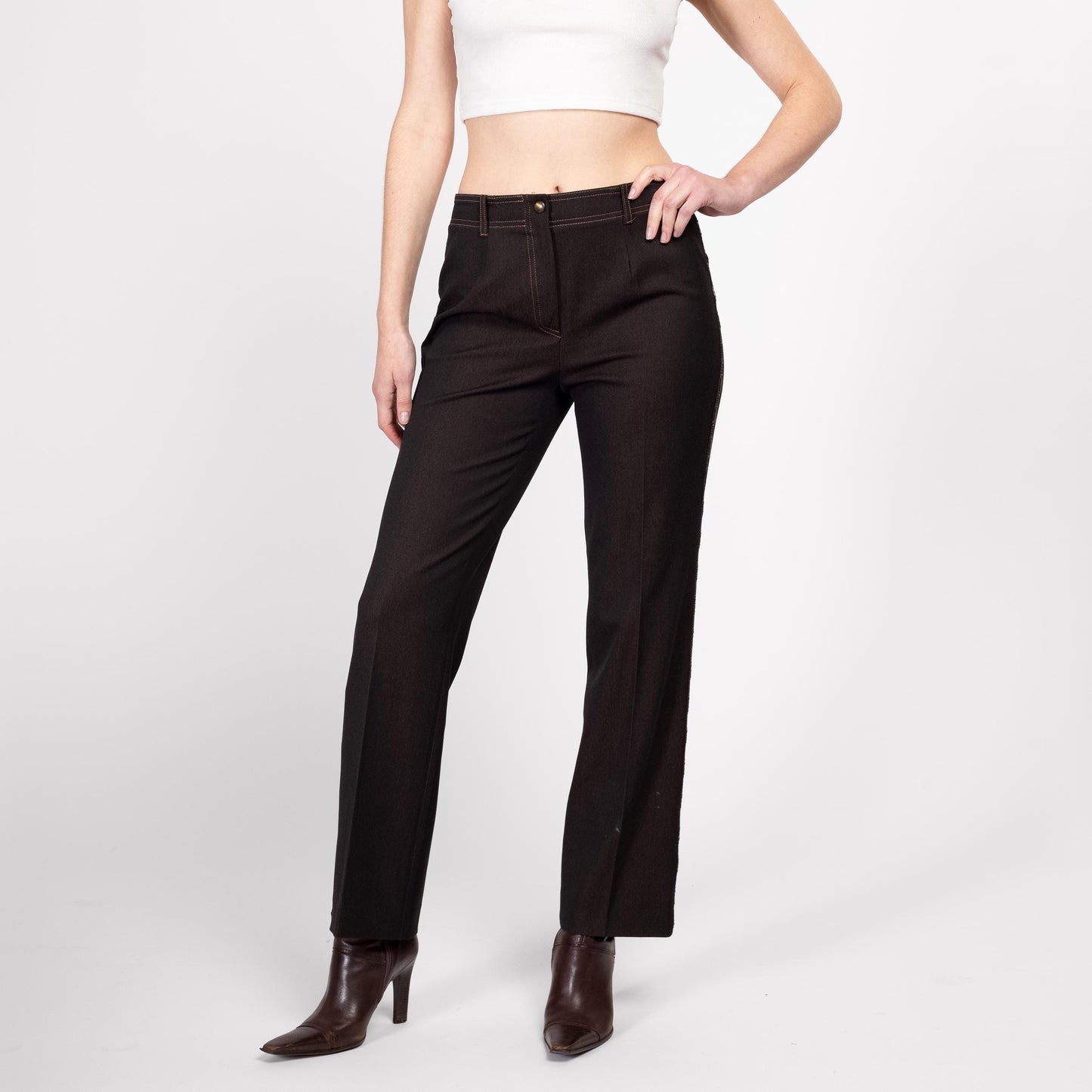 Medium Y2K Dark Brown Threaded Trim Mid Rise Pants | Vintage Straight Leg Faux Leather Trim Trousers