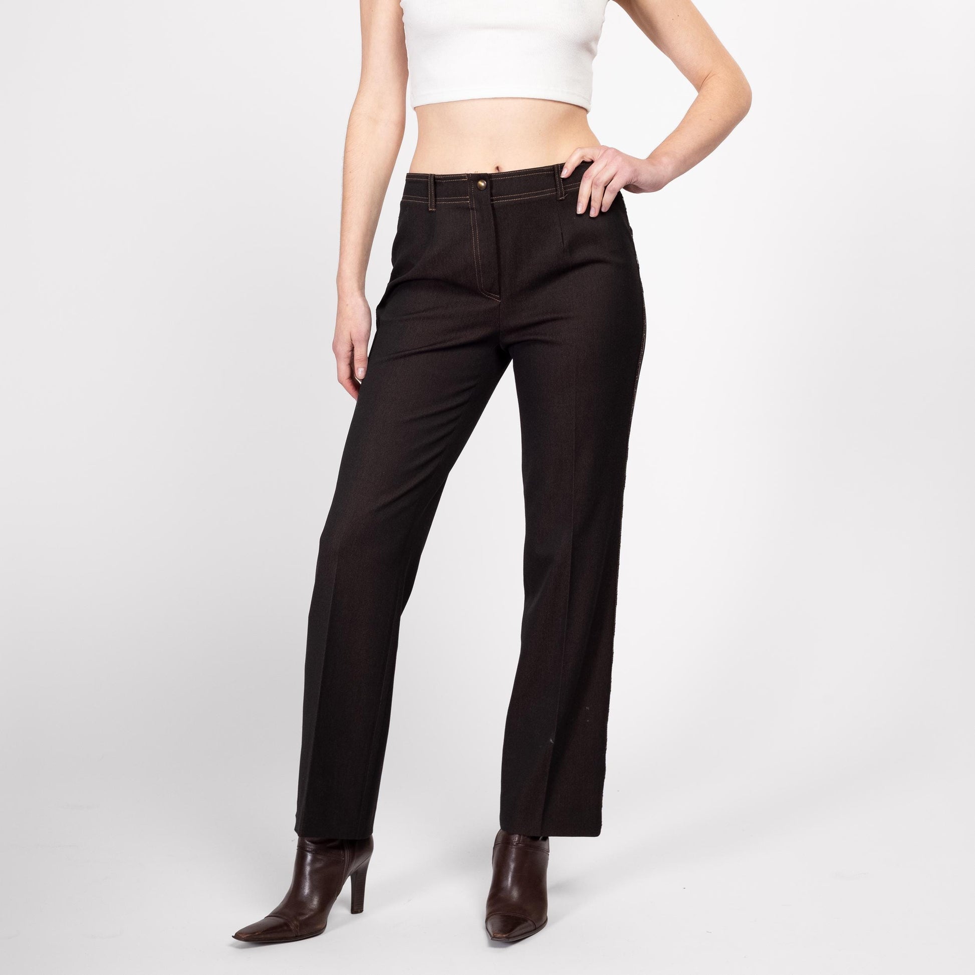Medium Y2K Dark Brown Threaded Trim Mid Rise Pants | Vintage Straight Leg Faux Leather Trim Trousers
