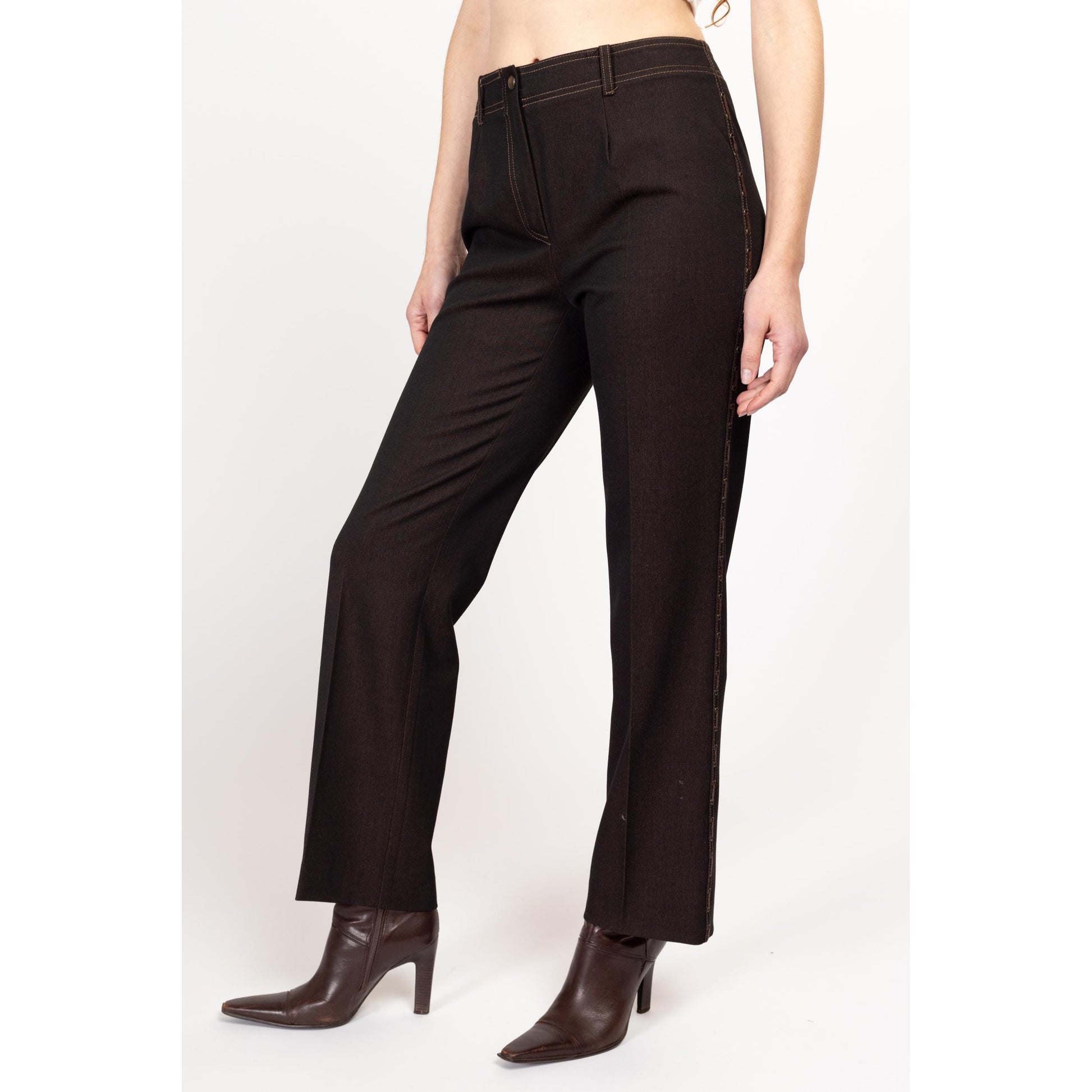 Medium Y2K Dark Brown Threaded Trim Mid Rise Pants | Vintage Straight Leg Faux Leather Trim Trousers
