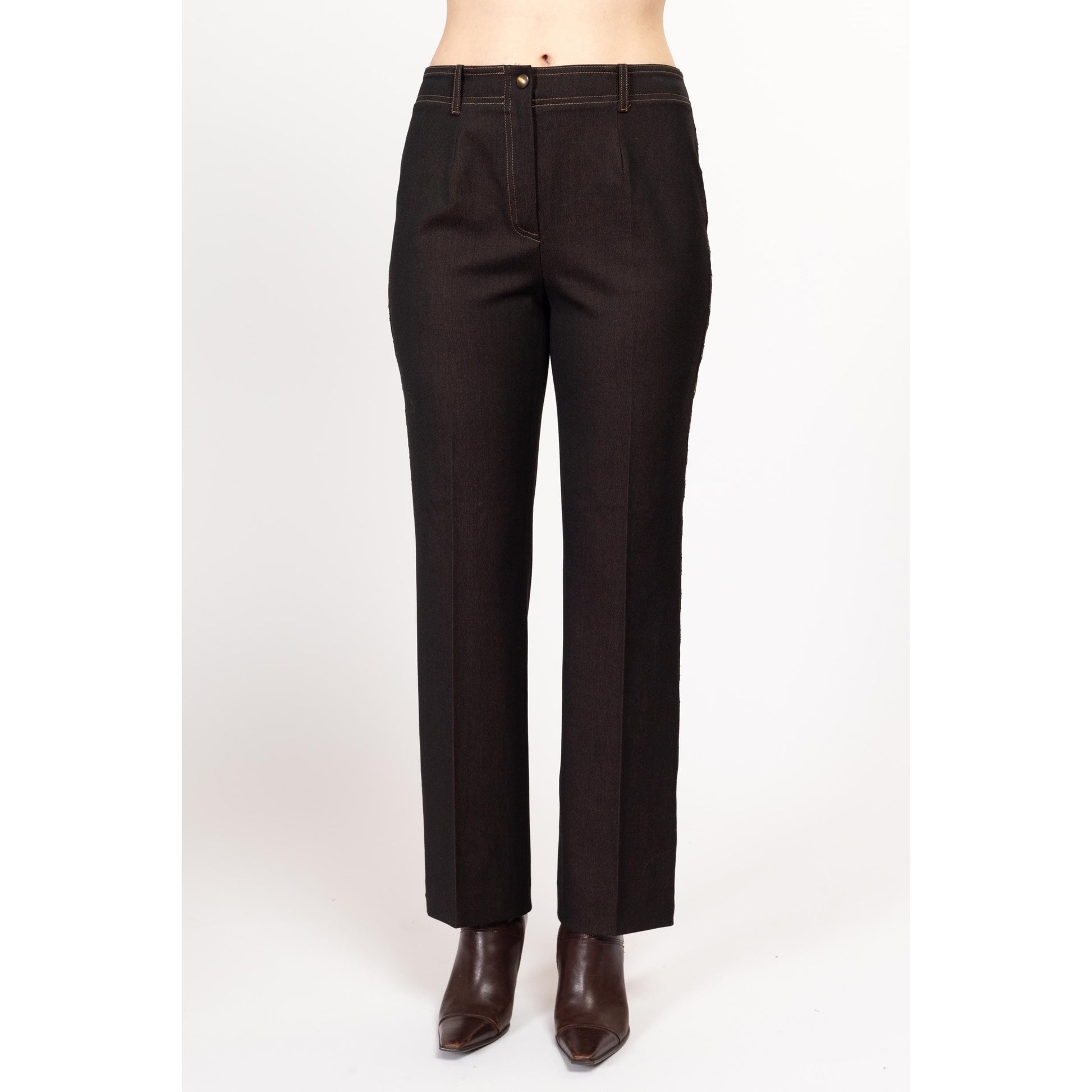 Medium Y2K Dark Brown Threaded Trim Mid Rise Pants | Vintage Straight Leg Faux Leather Trim Trousers