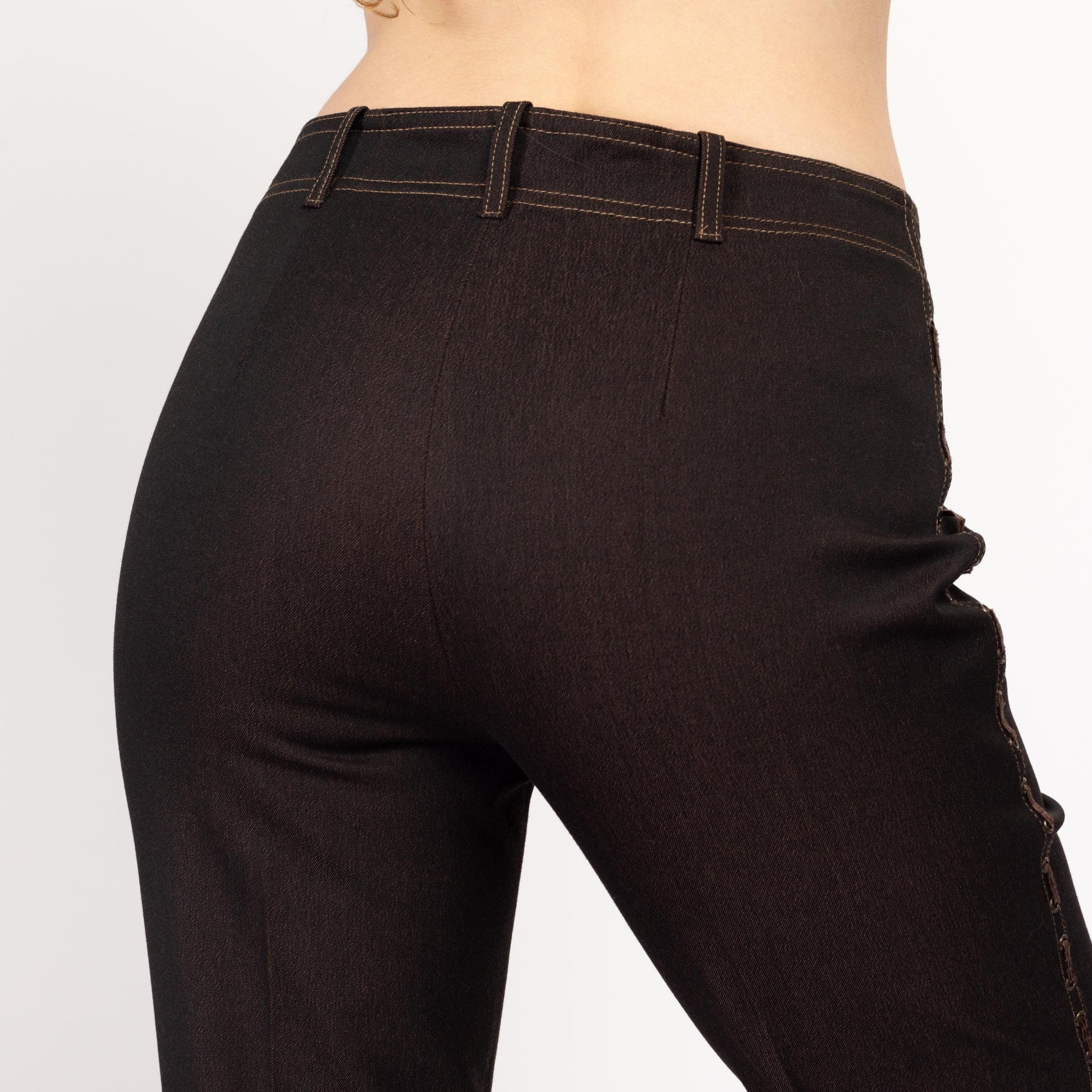 Medium Y2K Dark Brown Threaded Trim Mid Rise Pants | Vintage Straight Leg Faux Leather Trim Trousers
