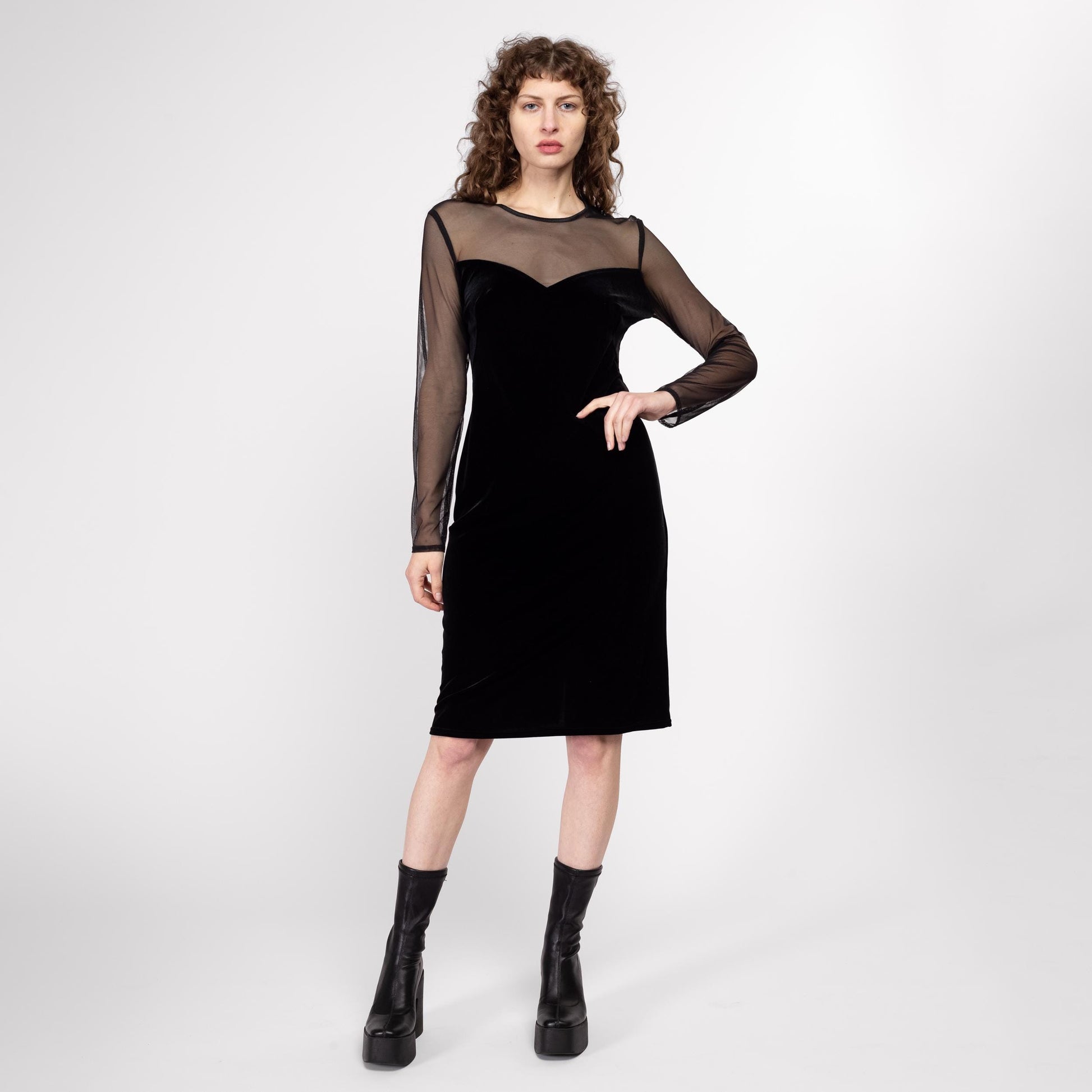 Med-Lrg 80s Black Sheer Illusion Cocktail Dress | Vintage Long Sleeve Fitted Midi Party Dress