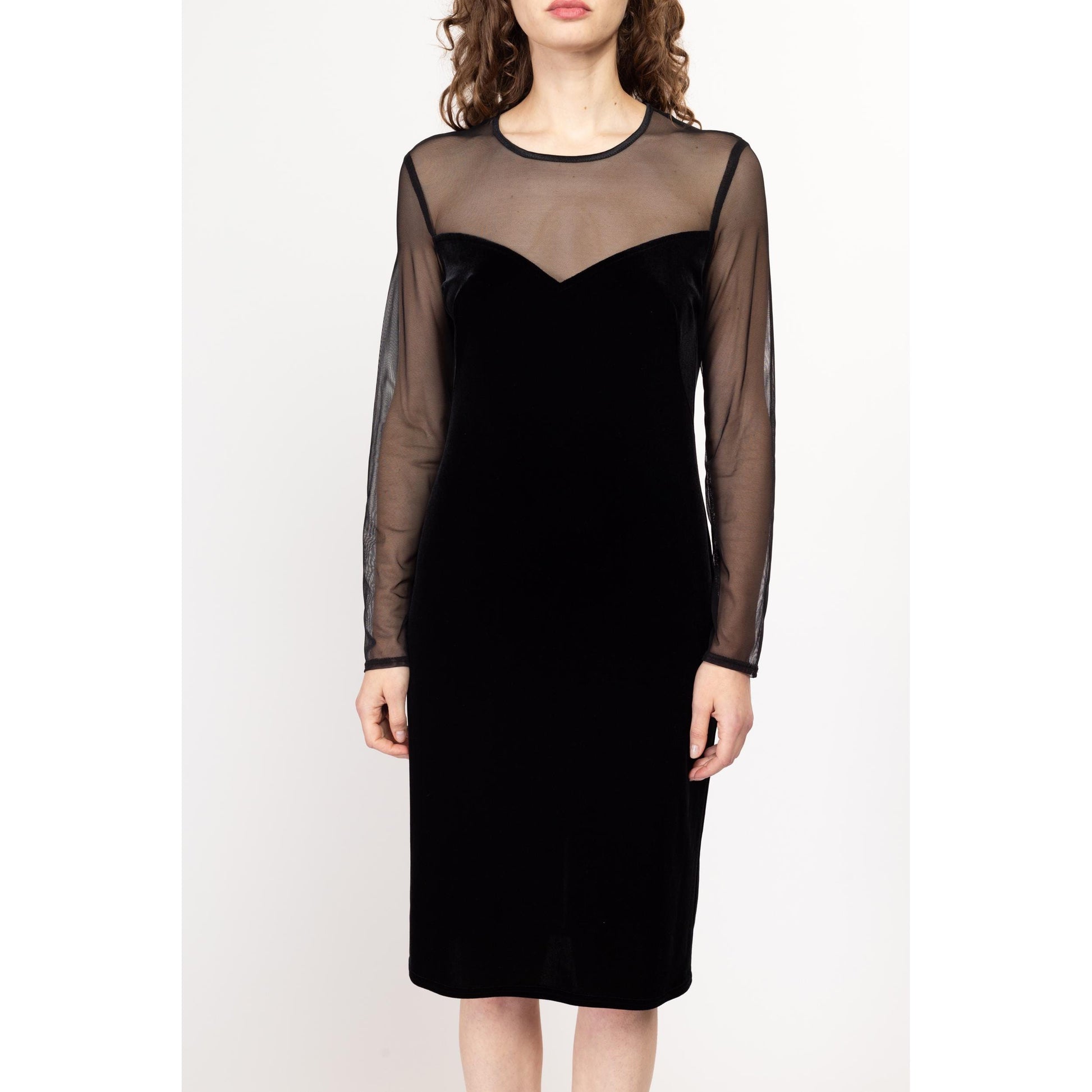 Med-Lrg 80s Black Sheer Illusion Cocktail Dress | Vintage Long Sleeve Fitted Midi Party Dress