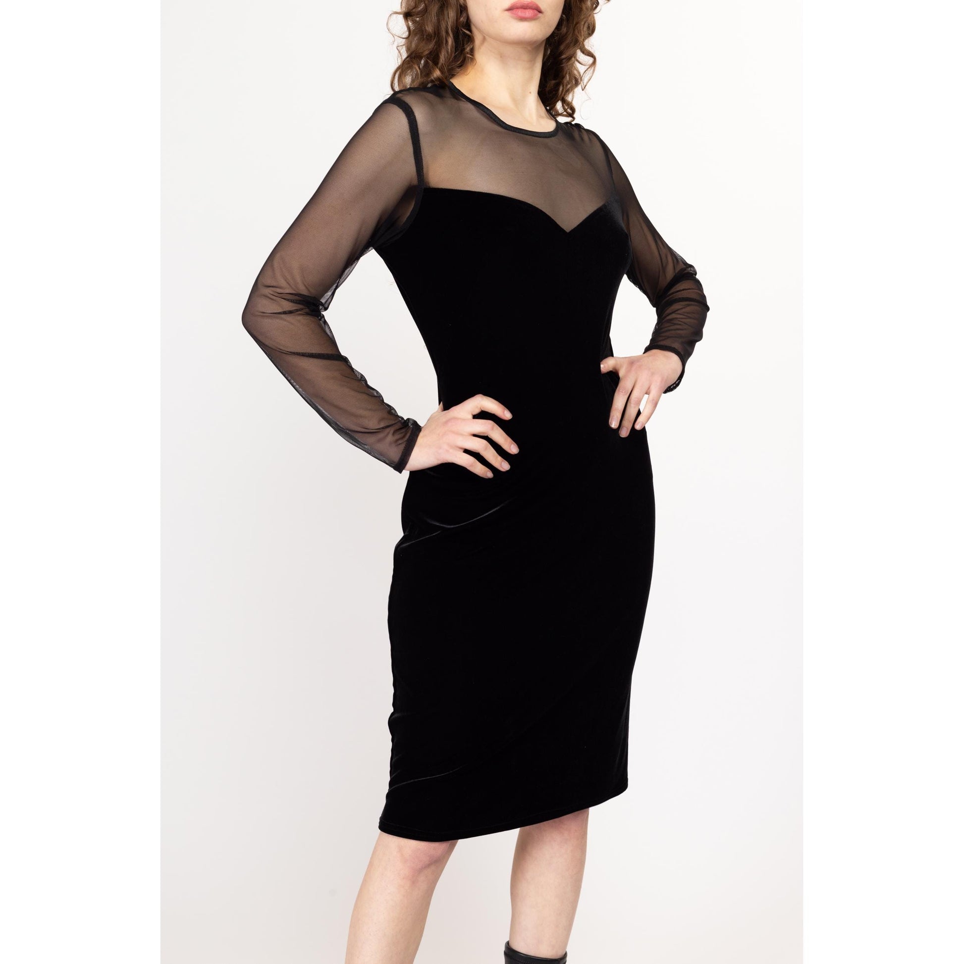 Med-Lrg 80s Black Sheer Illusion Cocktail Dress | Vintage Long Sleeve Fitted Midi Party Dress