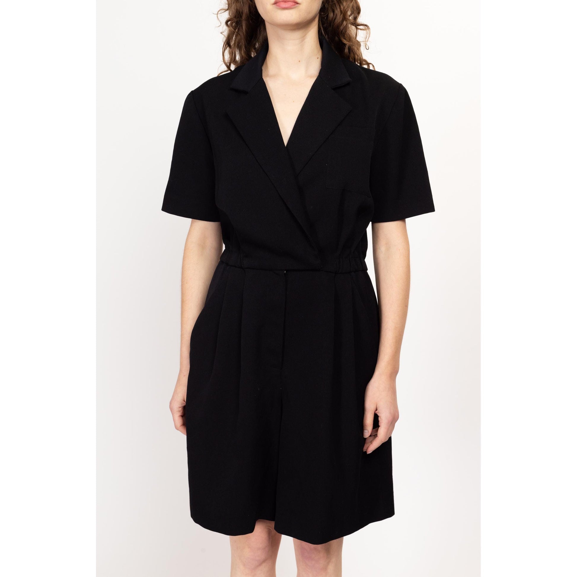 Medium 80s Ann Tjian Black Collared Romper | Vintage Short Sleeve Button Up One Piece Outfit
