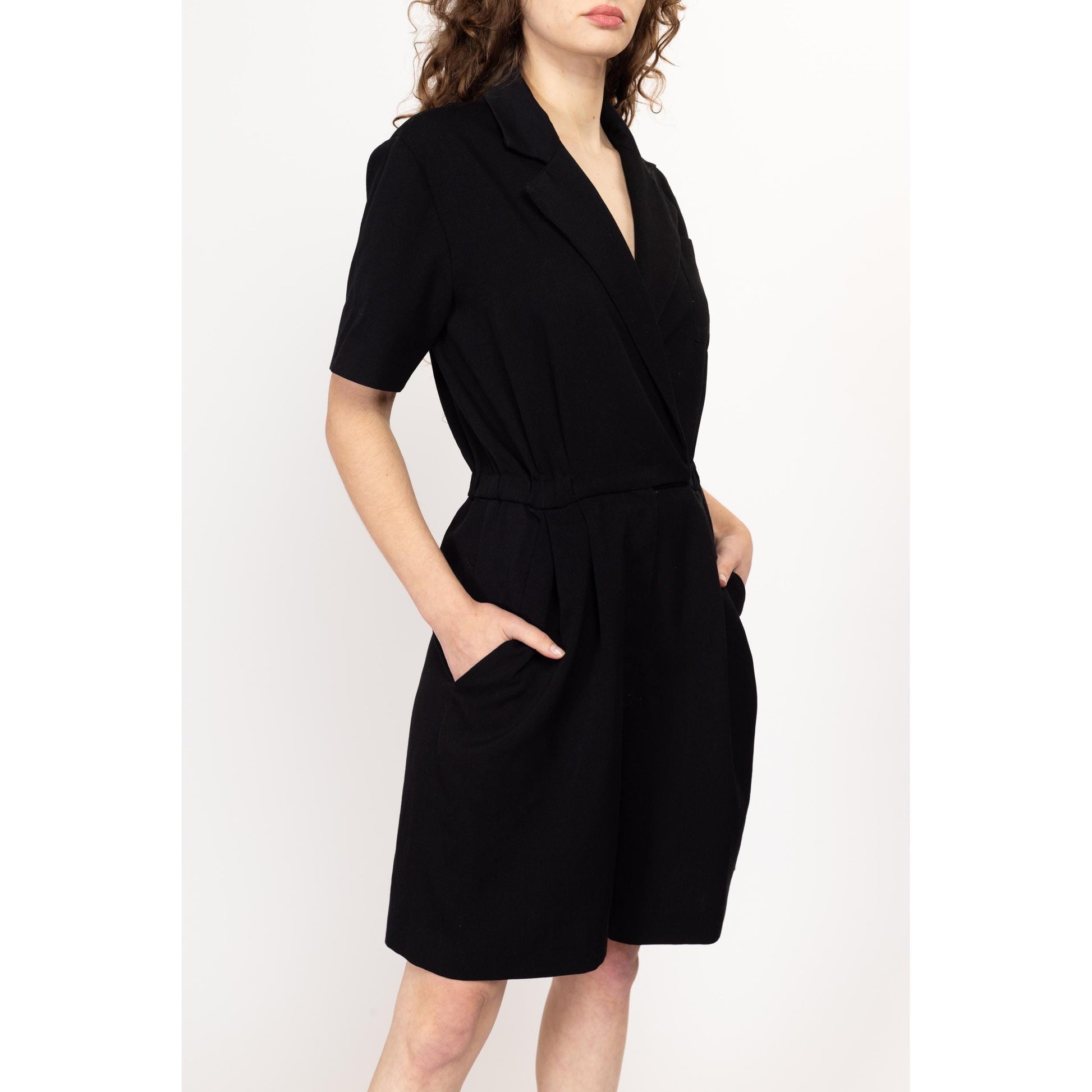 Medium 80s Ann Tjian Black Collared Romper | Vintage Short Sleeve Button Up One Piece Outfit