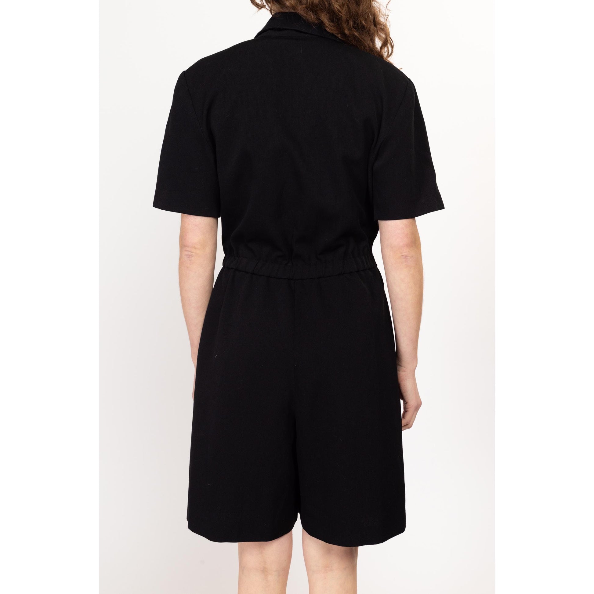 Medium 80s Ann Tjian Black Collared Romper | Vintage Short Sleeve Button Up One Piece Outfit