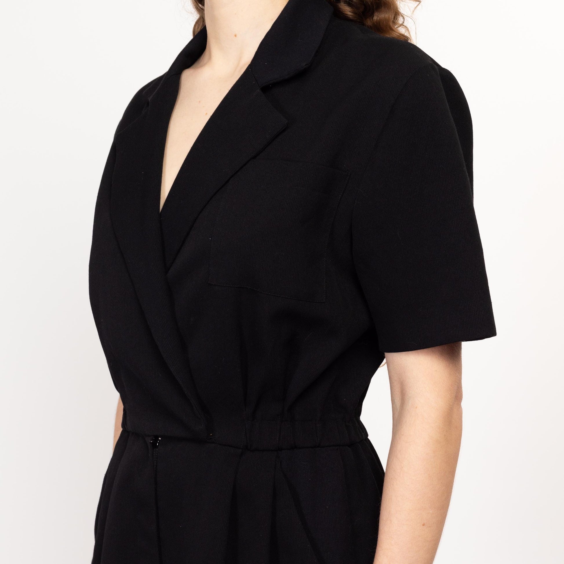 Medium 80s Ann Tjian Black Collared Romper | Vintage Short Sleeve Button Up One Piece Outfit