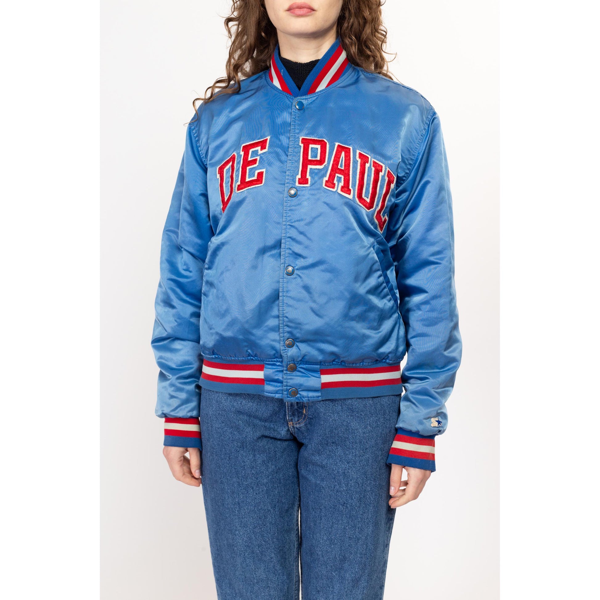 Med-Lrg 80s De Paul University Satin Starter Jacket Unisex | Vintage Distressed NCAA Blue Demons Snap Button Bomber