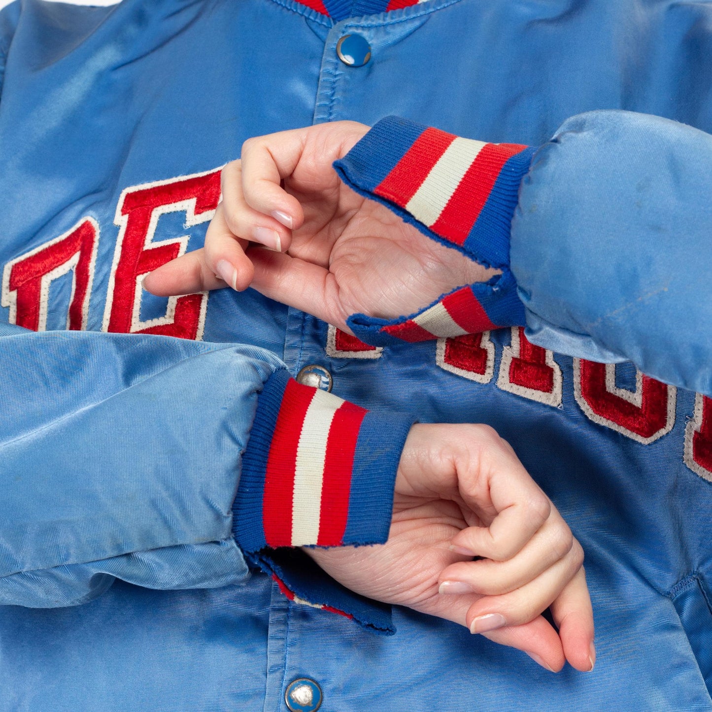 Med-Lrg 80s De Paul University Satin Starter Jacket Unisex | Vintage Distressed NCAA Blue Demons Snap Button Bomber