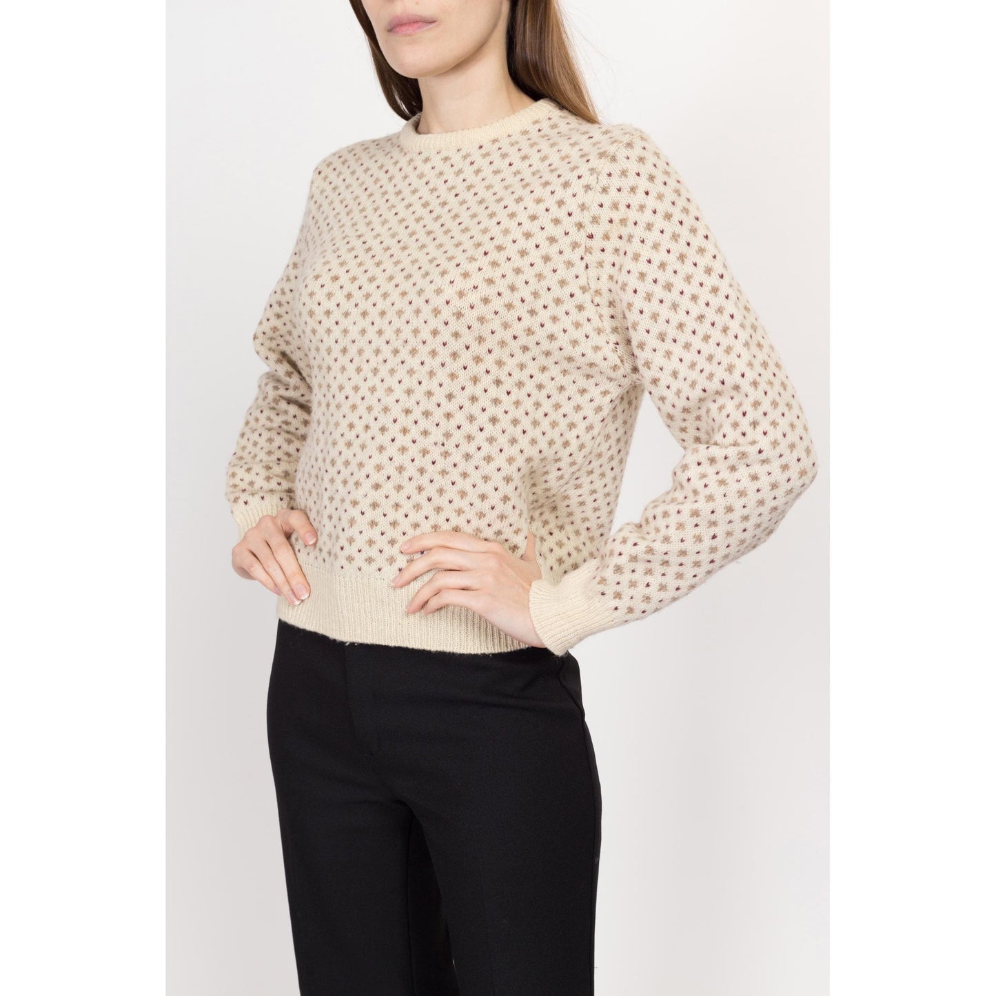 Medium 90s Shetland Wool Cream Knit Sweater | Vintage Polka Dot Pullover Jumper