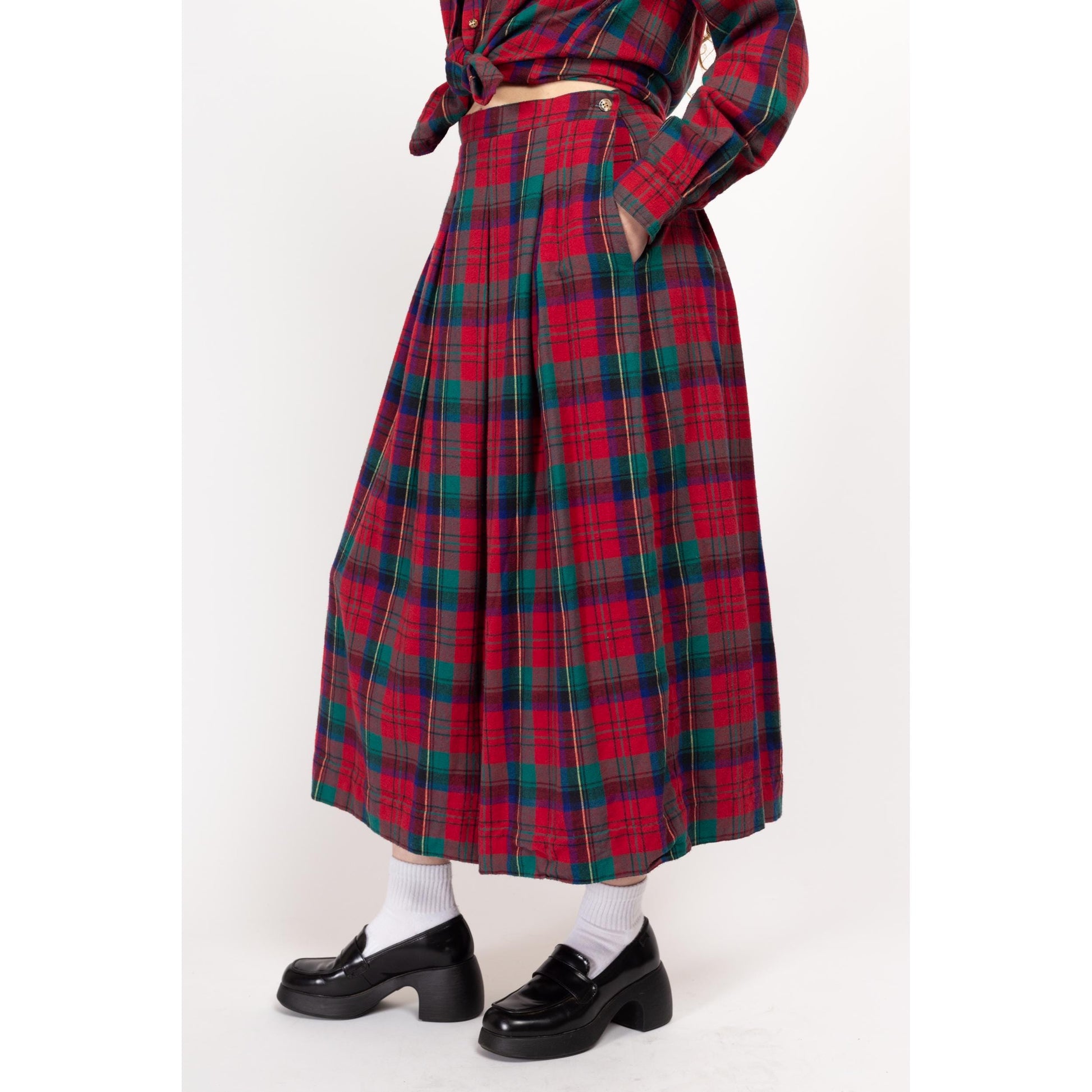 Medium 90s L.L. Bean Red & Green Flannel Skirt Set | Vintage Soft Cotton Blouse Maxi Skirt Matching Two Piece Outfit