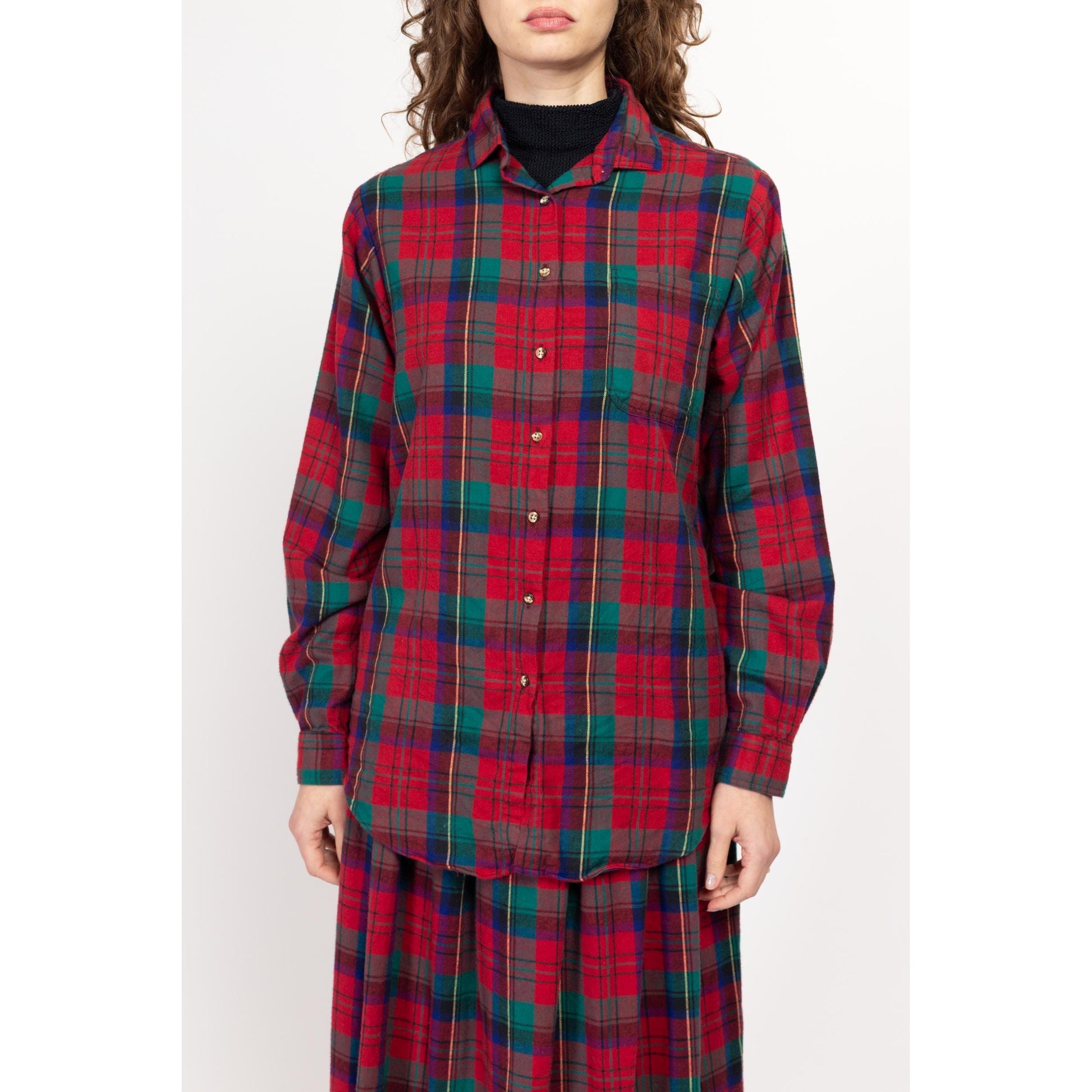 Medium 90s L.L. Bean Red & Green Flannel Skirt Set | Vintage Soft Cotton Blouse Maxi Skirt Matching Two Piece Outfit