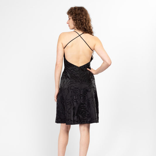 Petite Medium Y2K Black Beaded Strappy Backless Party Dress | Vintage Square Neck Midi Fit & Flare Little Black Dress