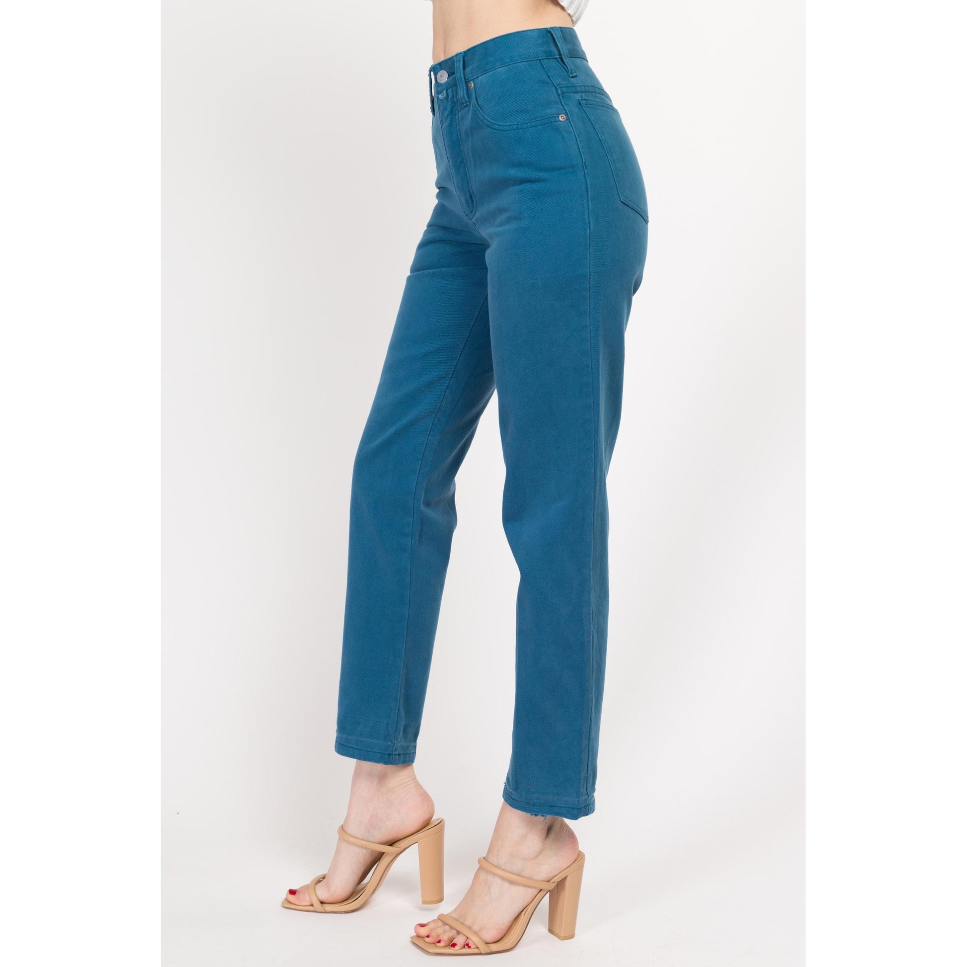 XS 90s Esprit Peacock Blue High Waisted Jeans 25" | Vintage Denim Tapered Leg Mom Jeans