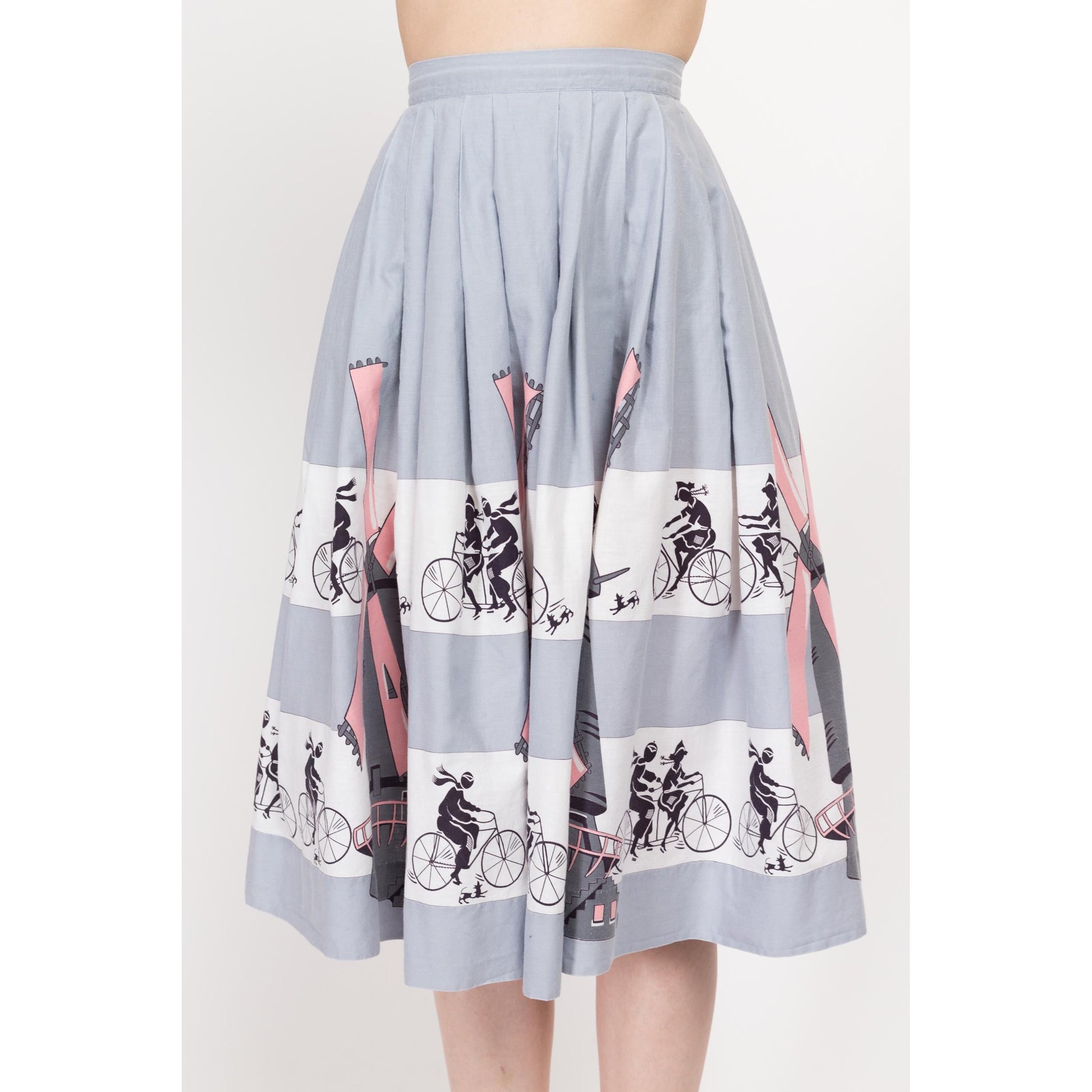 XS 60s Dutch Windmill & Bicycle Novelty Print Skirt 23" | Boho Vintage Grey Midi Circle Skirt
