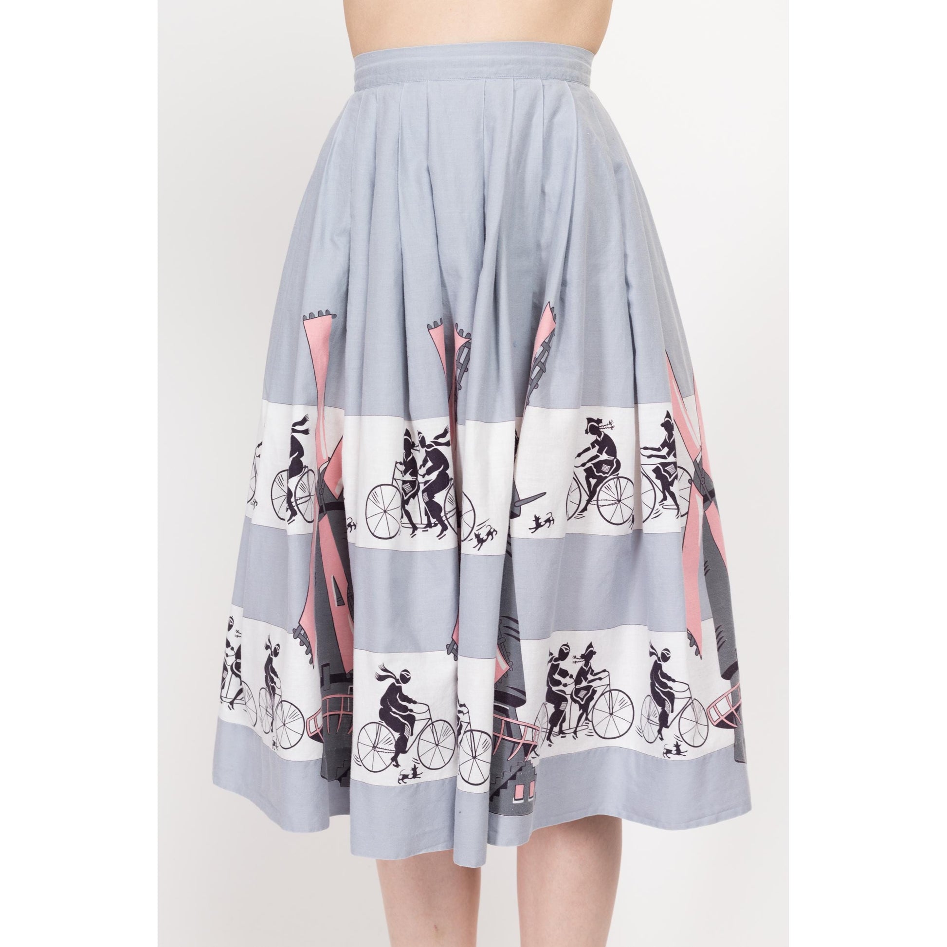 XS 60s Dutch Windmill & Bicycle Novelty Print Skirt 23"