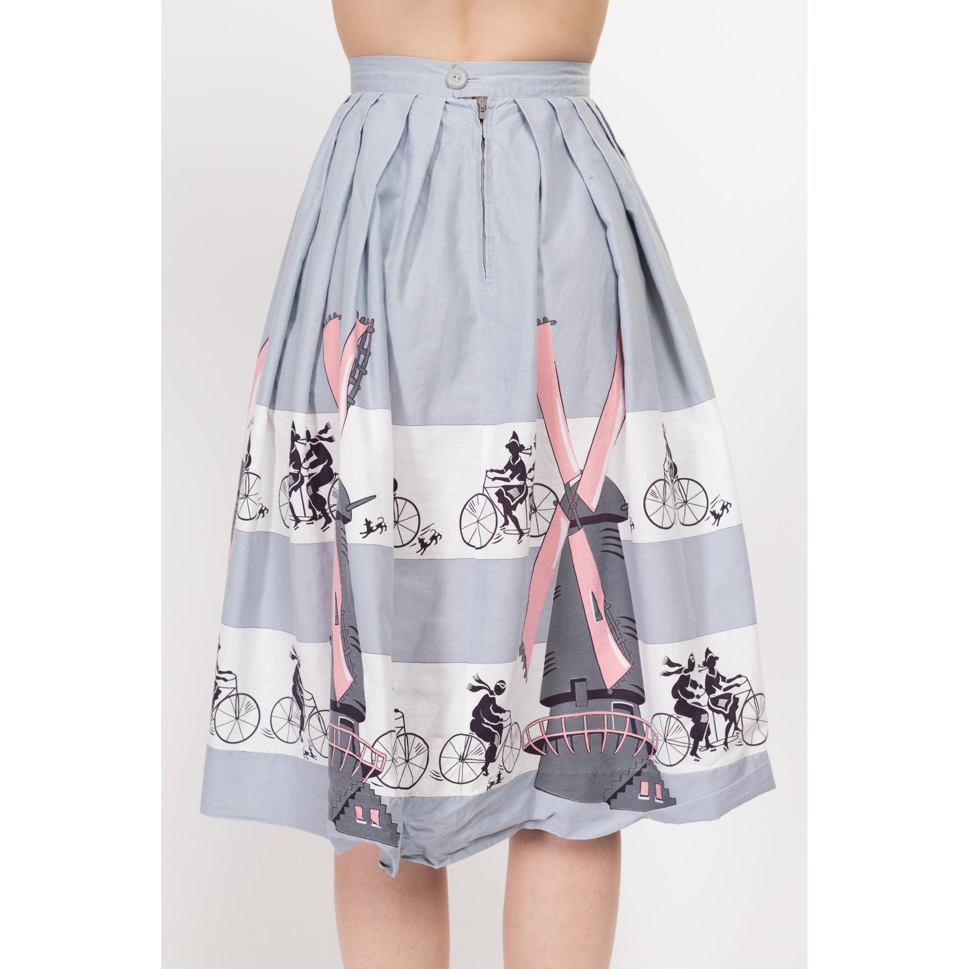 XS 60s Dutch Windmill & Bicycle Novelty Print Skirt 23" | Boho Vintage Grey Midi Circle Skirt