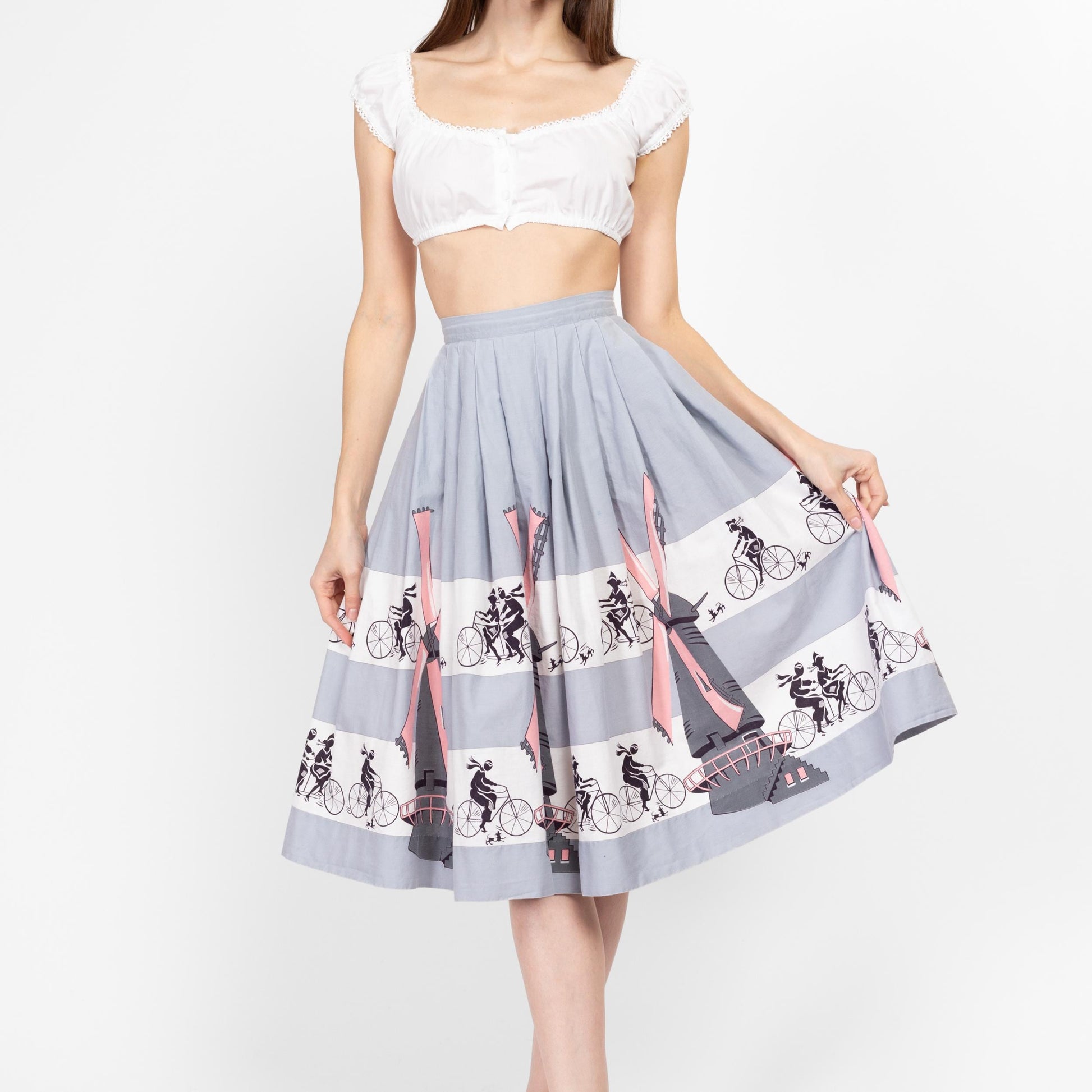 XS 60s Dutch Windmill & Bicycle Novelty Print Skirt 23" | Boho Vintage Grey Midi Circle Skirt