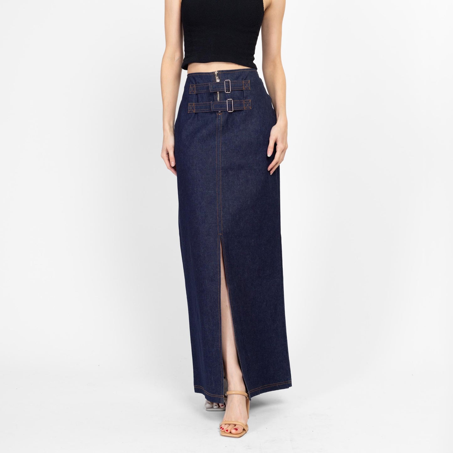 Medium Y2K Dark Wash Denim Maxi Skirt | Vintage Mid Rise Buckle Blue Jean Column Skirt