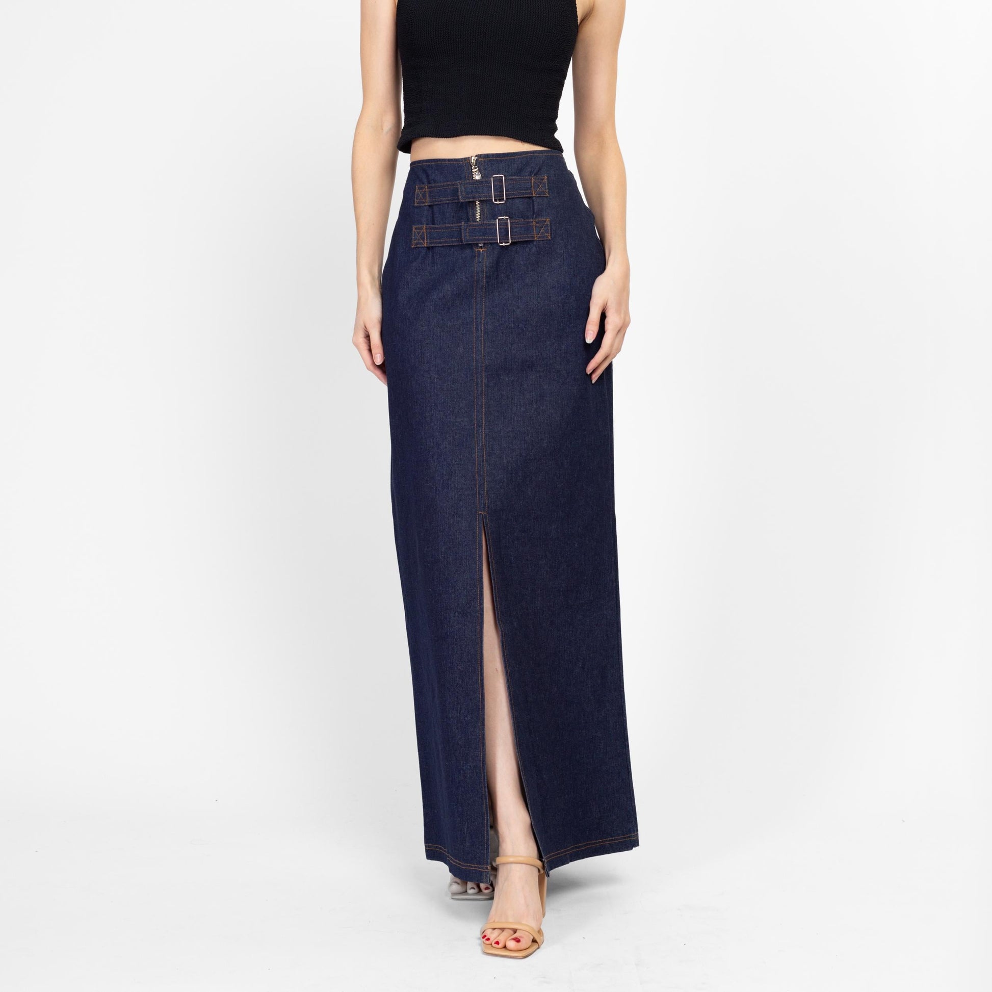 Medium Y2K Dark Wash Denim Maxi Skirt | Vintage Mid Rise Buckle Blue Jean Column Skirt