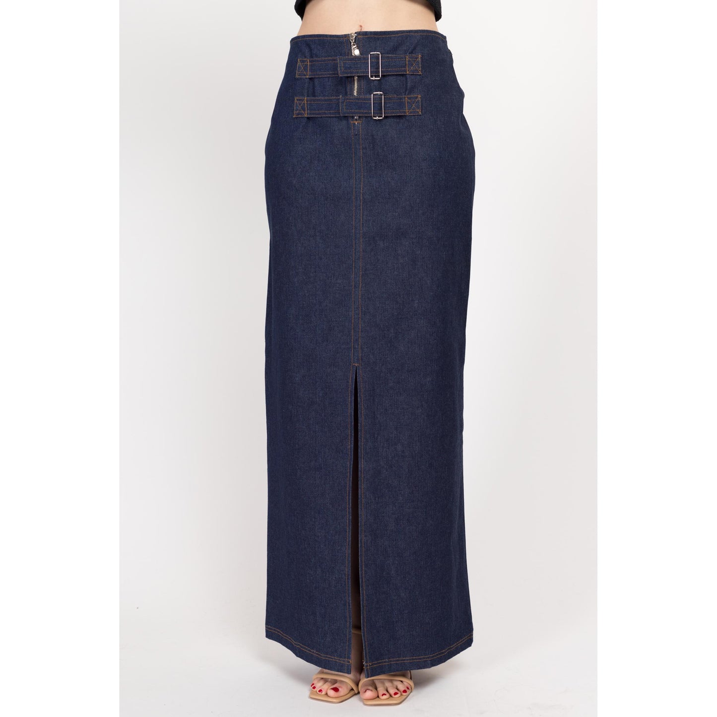 Medium Y2K Dark Wash Denim Maxi Skirt | Vintage Mid Rise Buckle Blue Jean Column Skirt