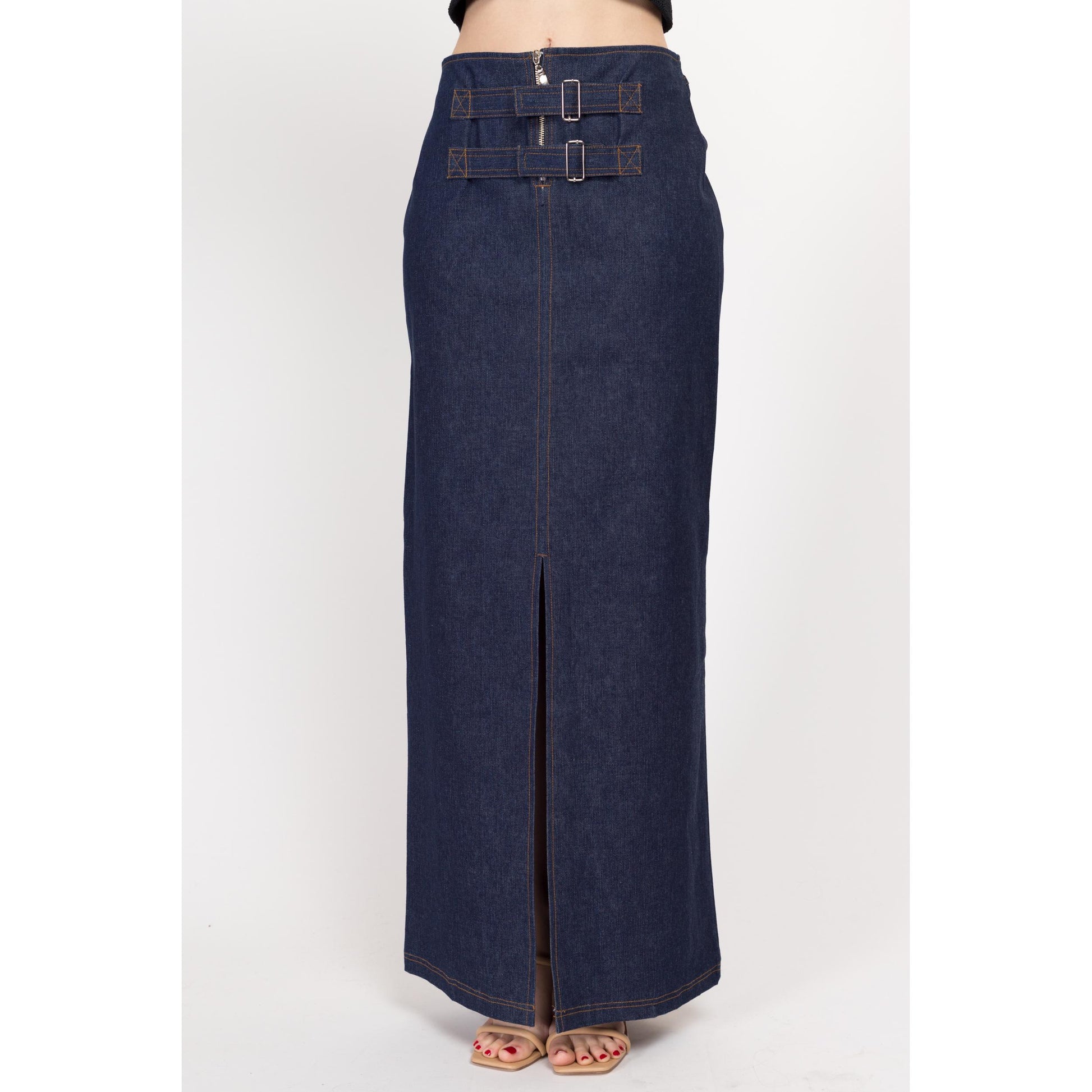 Medium Y2K Dark Wash Denim Maxi Skirt | Vintage Mid Rise Buckle Blue Jean Column Skirt