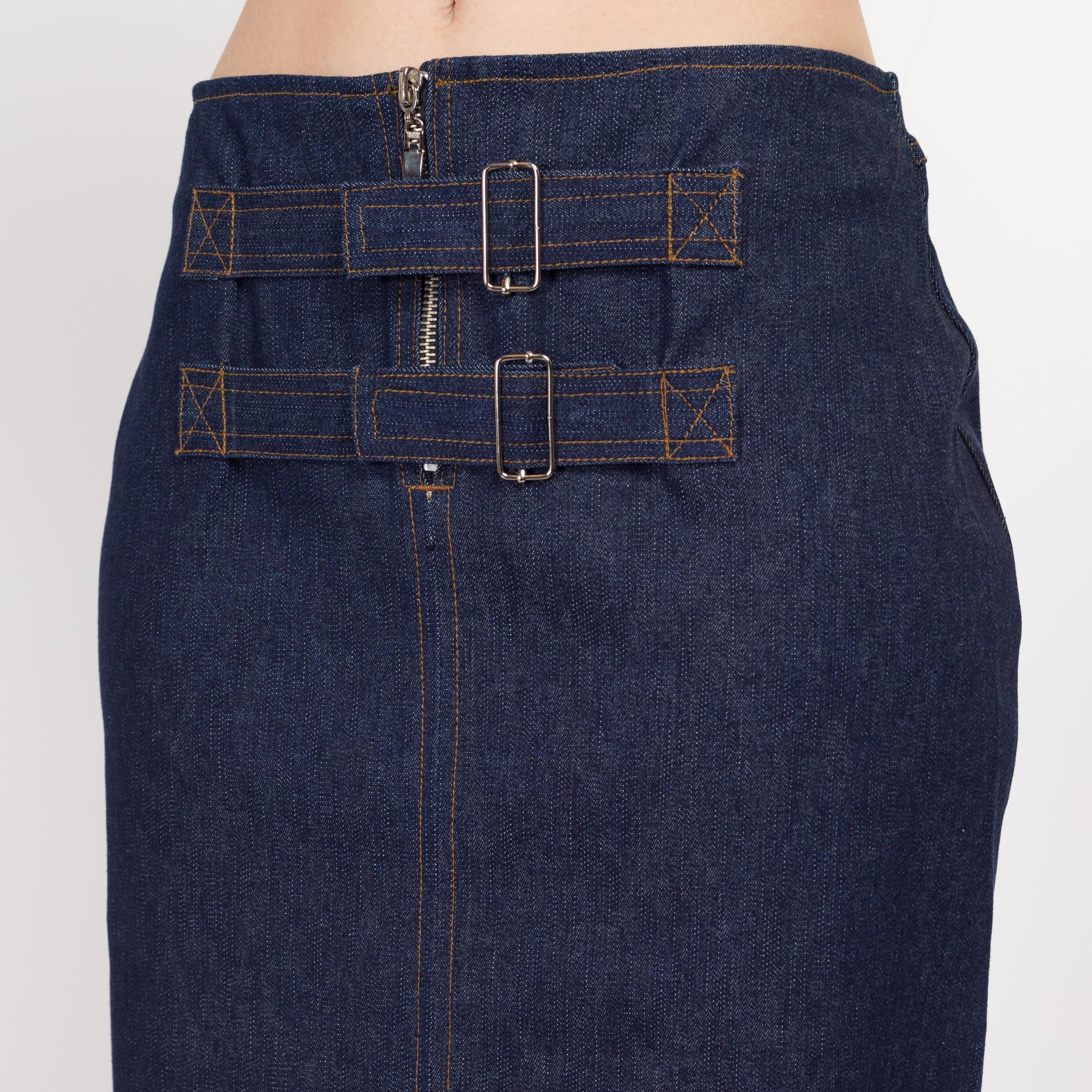 Medium Y2K Dark Wash Denim Maxi Skirt | Vintage Mid Rise Buckle Blue Jean Column Skirt