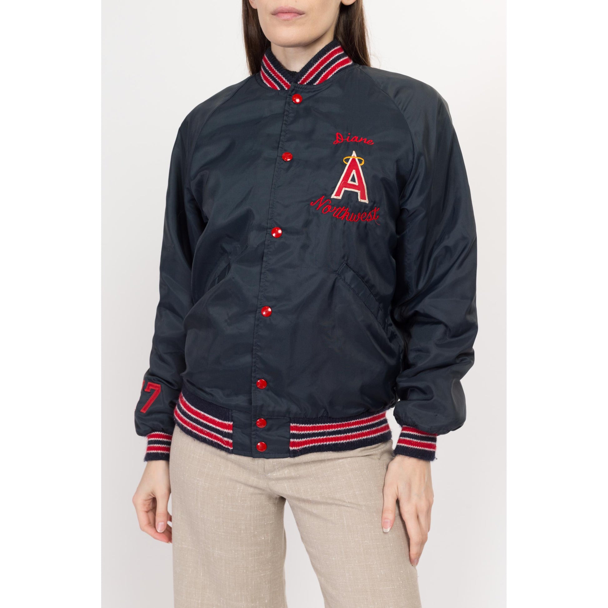 Medium 80s Angels Baseball Varsity Jacket | Vintage Navy Blue Red Striped Snap Button MLB Bomber