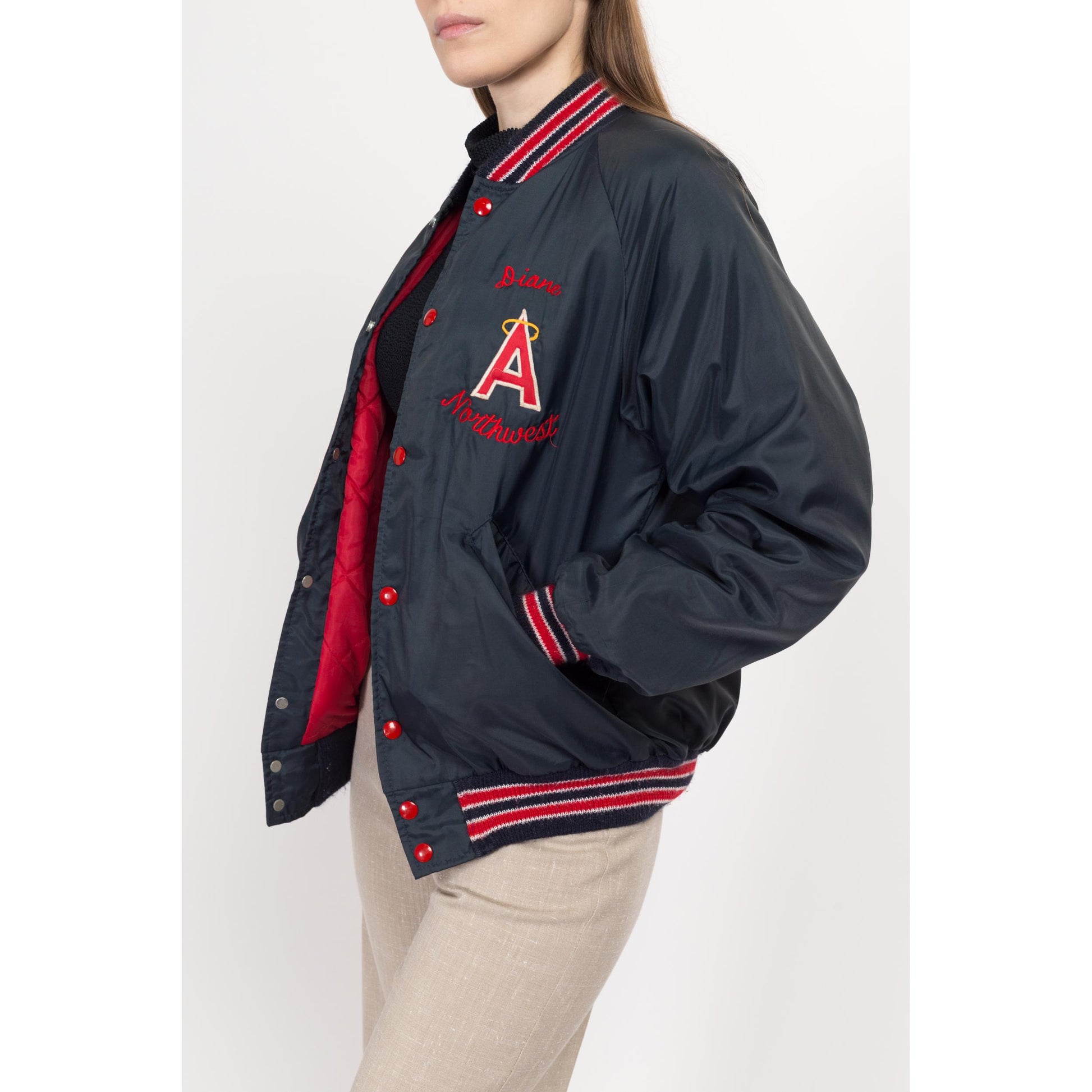 Medium 80s Angels Baseball Varsity Jacket | Vintage Navy Blue Red Striped Snap Button MLB Bomber
