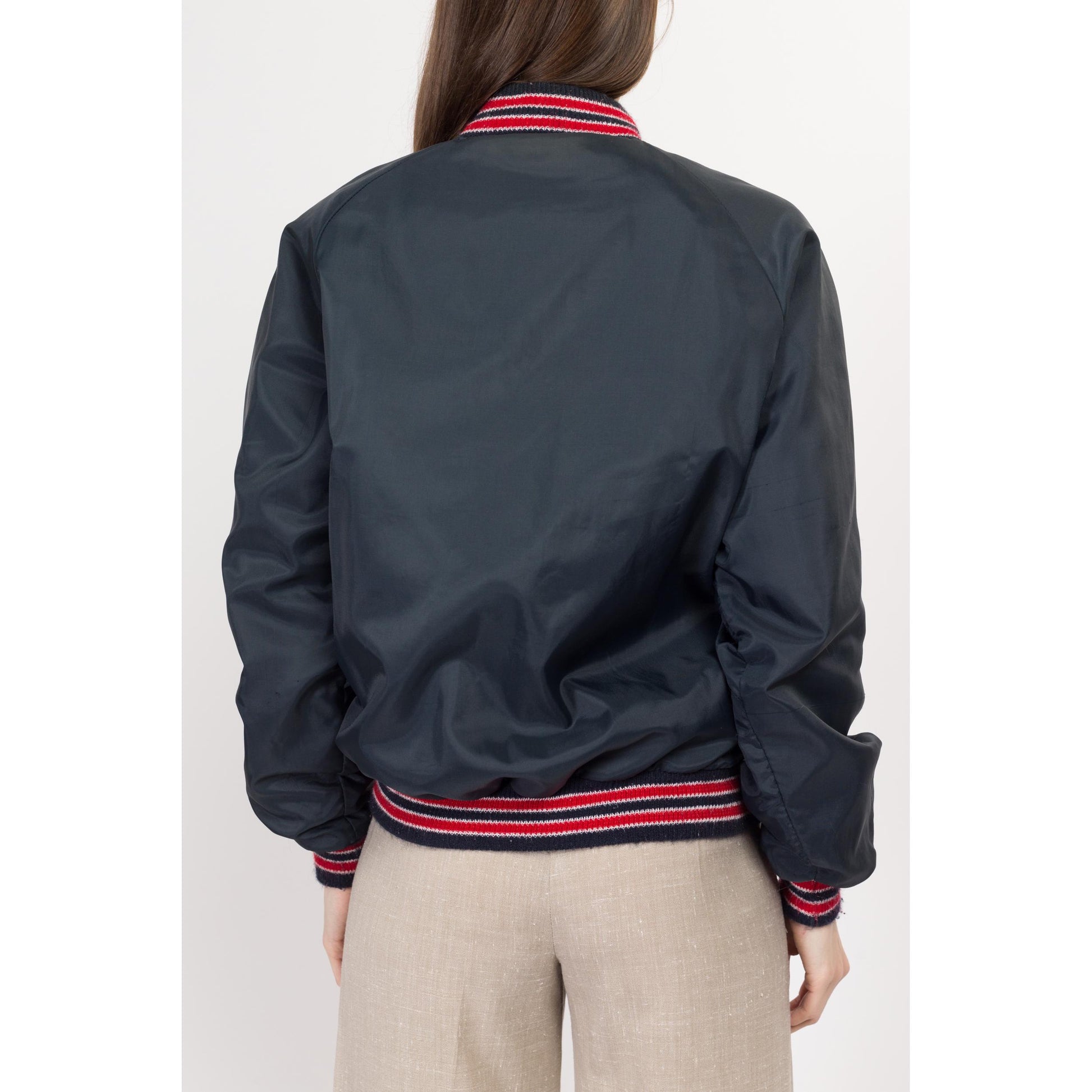 Medium 80s Angels Baseball Varsity Jacket | Vintage Navy Blue Red Striped Snap Button MLB Bomber