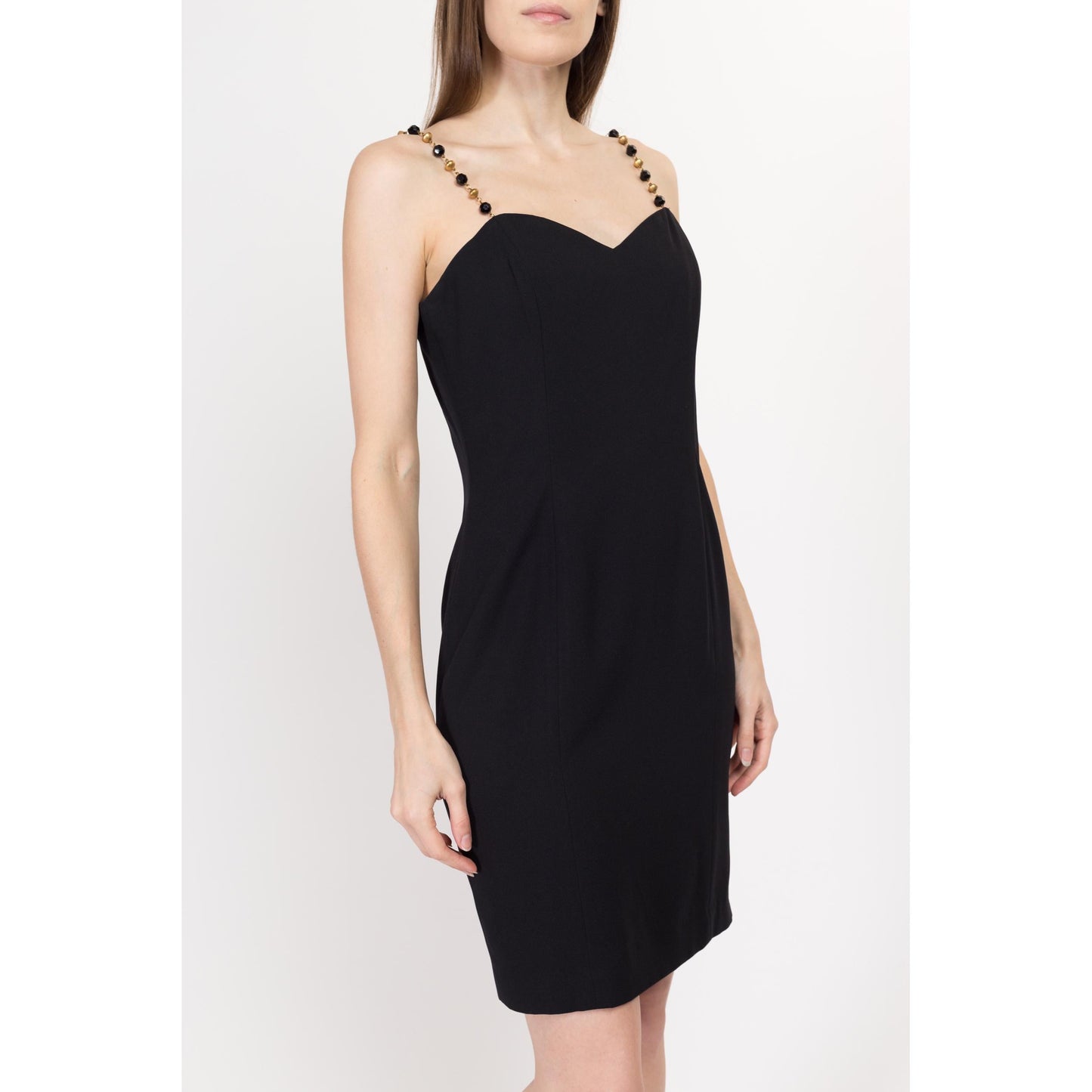 Small 90s Black Jeweled Chain Strap Mini Dress Size 6 | Vintage Ann Taylor Sleeveless Cocktail Party Dress