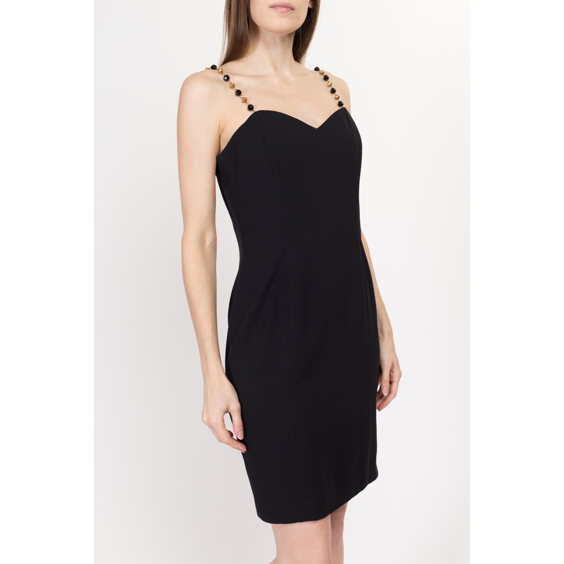 Small 90s Black Jeweled Chain Strap Mini Dress Size 6 | Vintage Ann Taylor Sleeveless Cocktail Party Dress