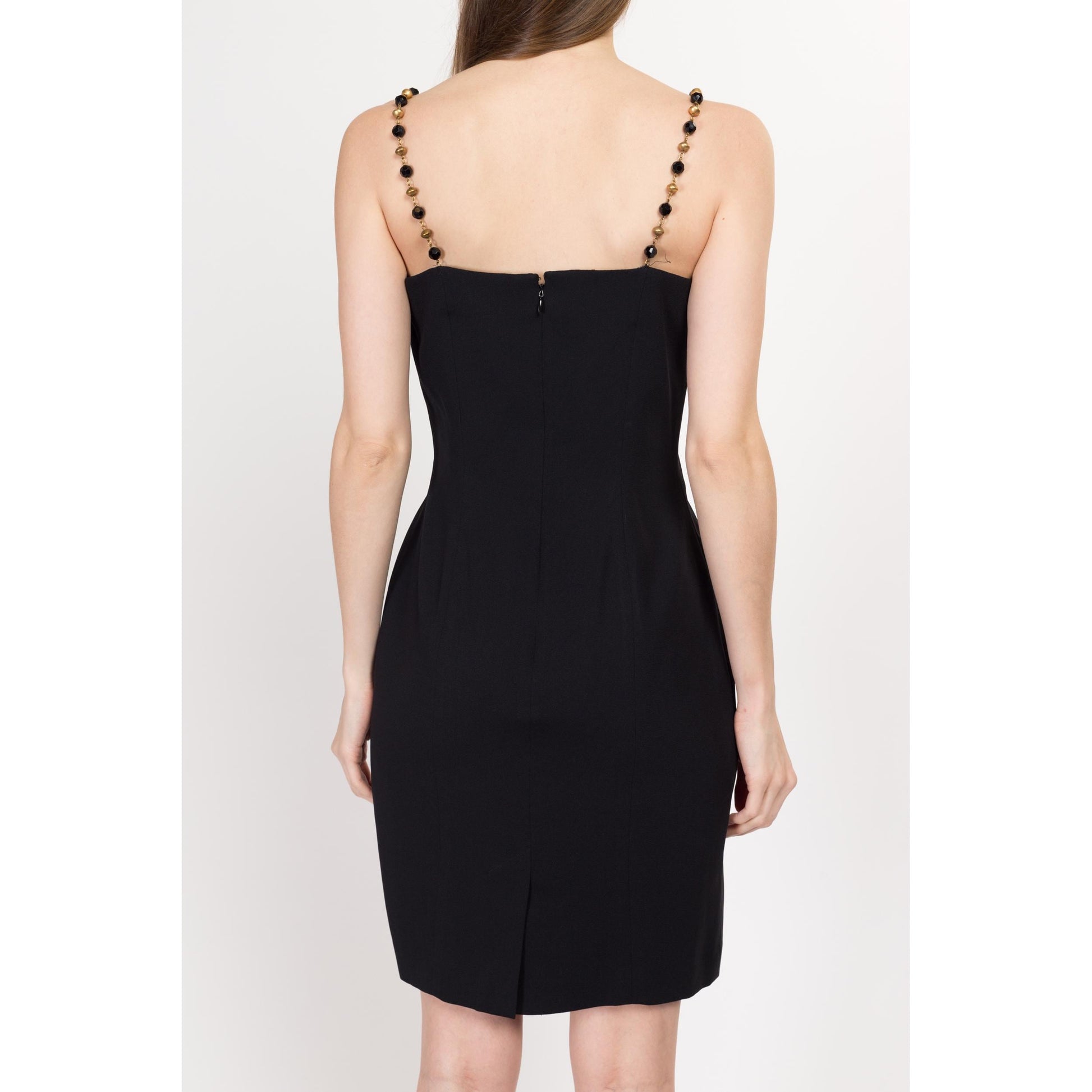 Small 90s Black Jeweled Chain Strap Mini Dress Size 6 | Vintage Ann Taylor Sleeveless Cocktail Party Dress