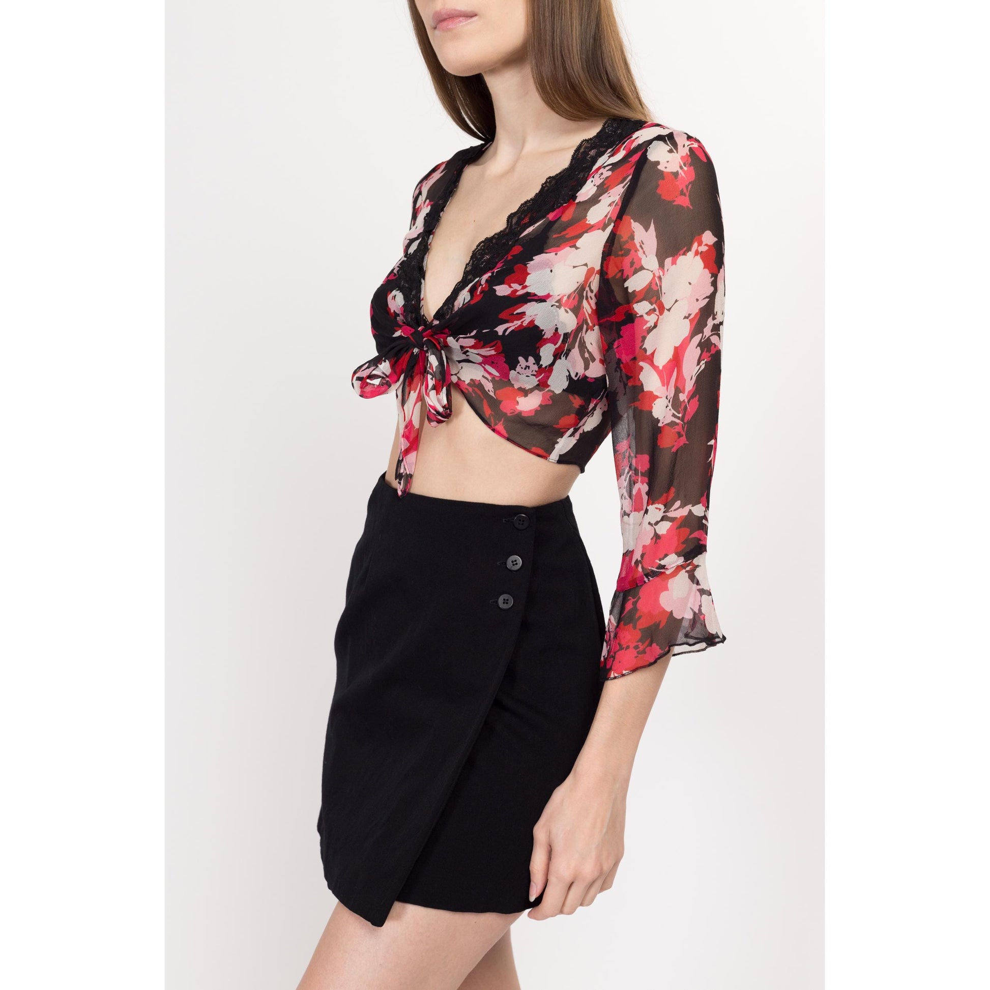 Small 90s Sheer Silk Floral Tie Front Crop Top | Vintage Red Black Boho Flowy Angel Sleeve Cropped Blouse