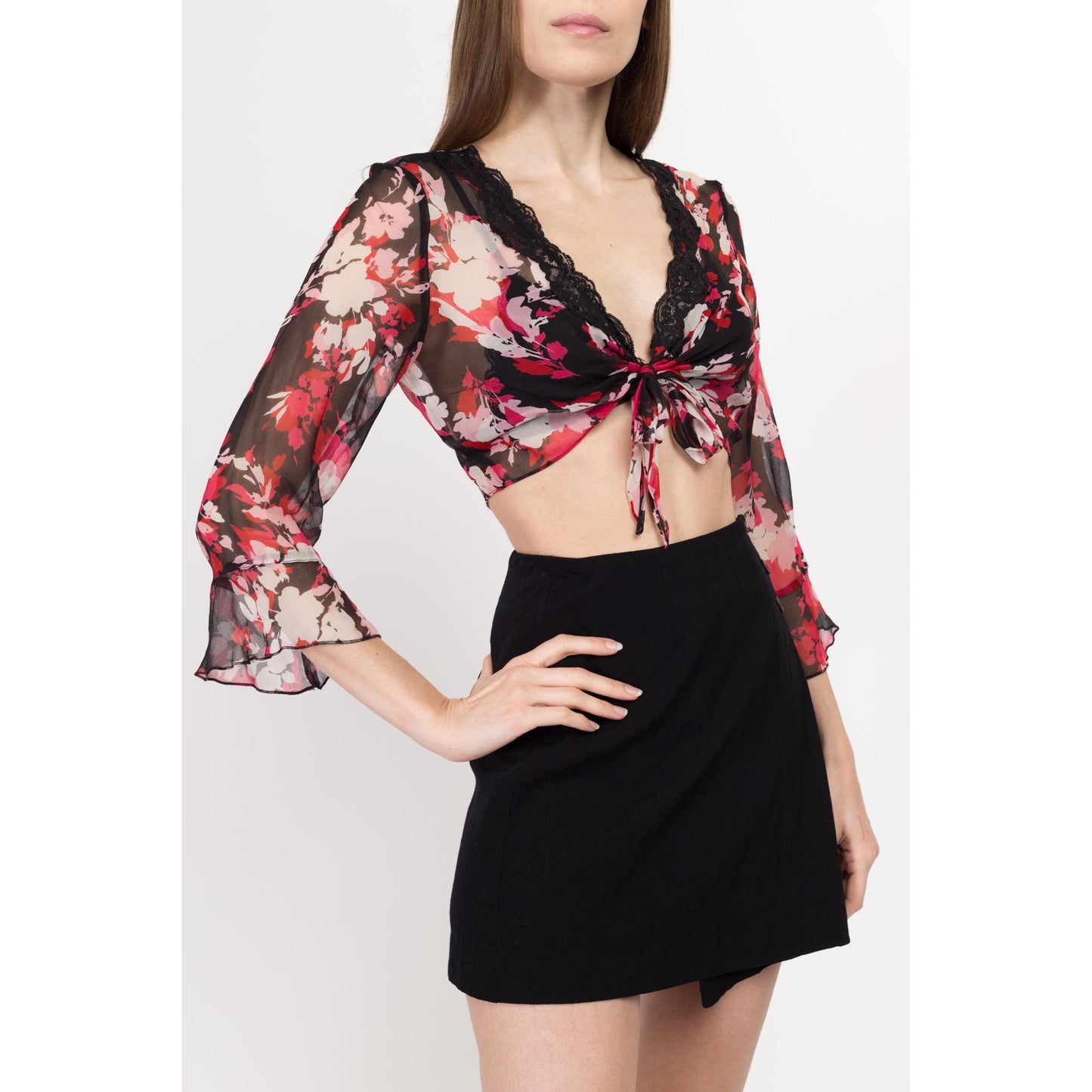 Small 90s Sheer Silk Floral Tie Front Crop Top | Vintage Red Black Boho Flowy Angel Sleeve Cropped Blouse