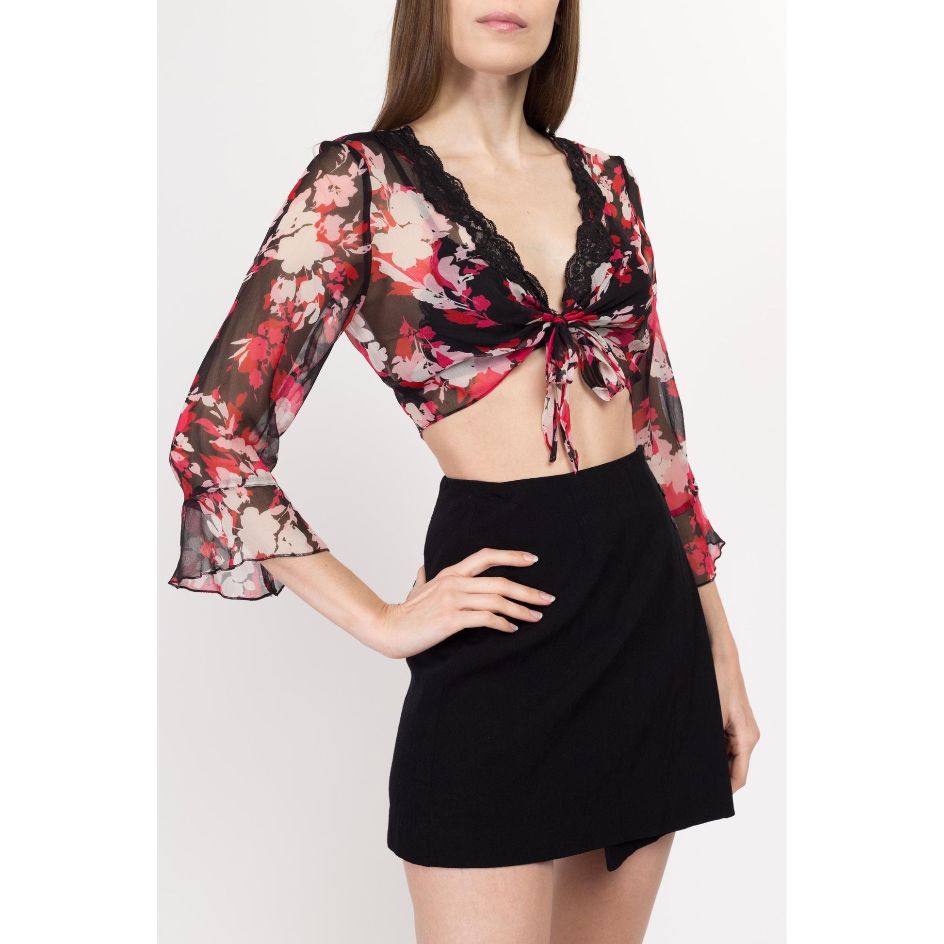 Small 90s Sheer Silk Floral Tie Front Crop Top | Vintage Red Black Boho Flowy Angel Sleeve Cropped Blouse