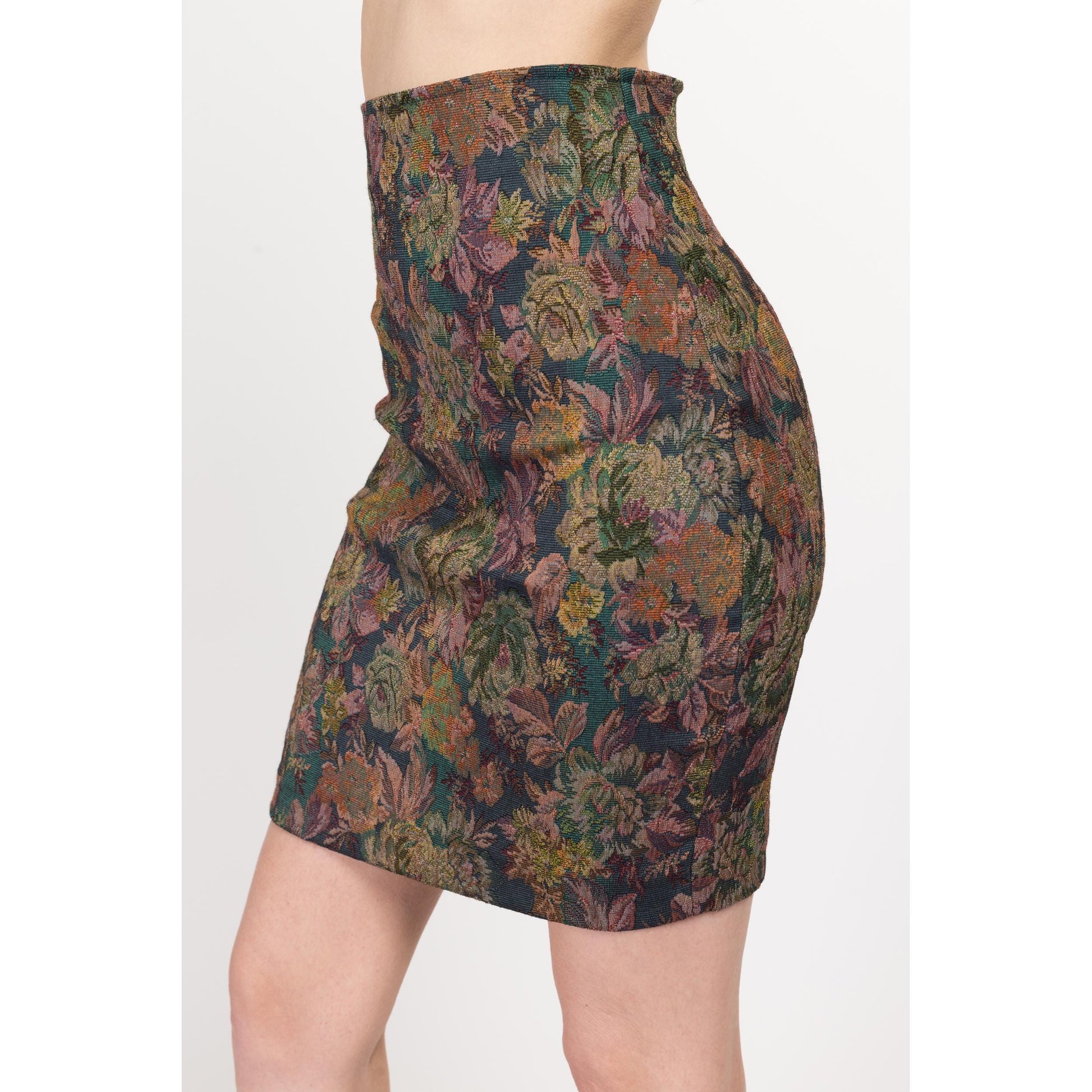 Sm-Med 90s Floral Tapestry Mini Pencil Skirt | Vintage Express High Waisted Stretchy Fitted Miniskirt