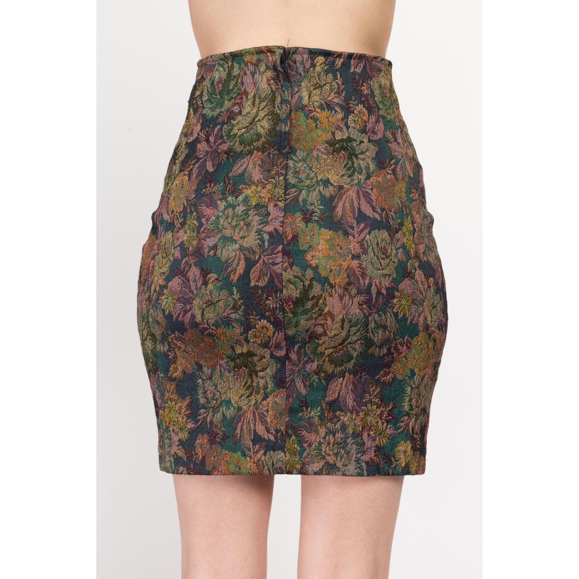 Sm-Med 90s Floral Tapestry Mini Pencil Skirt | Vintage Express High Waisted Stretchy Fitted Miniskirt