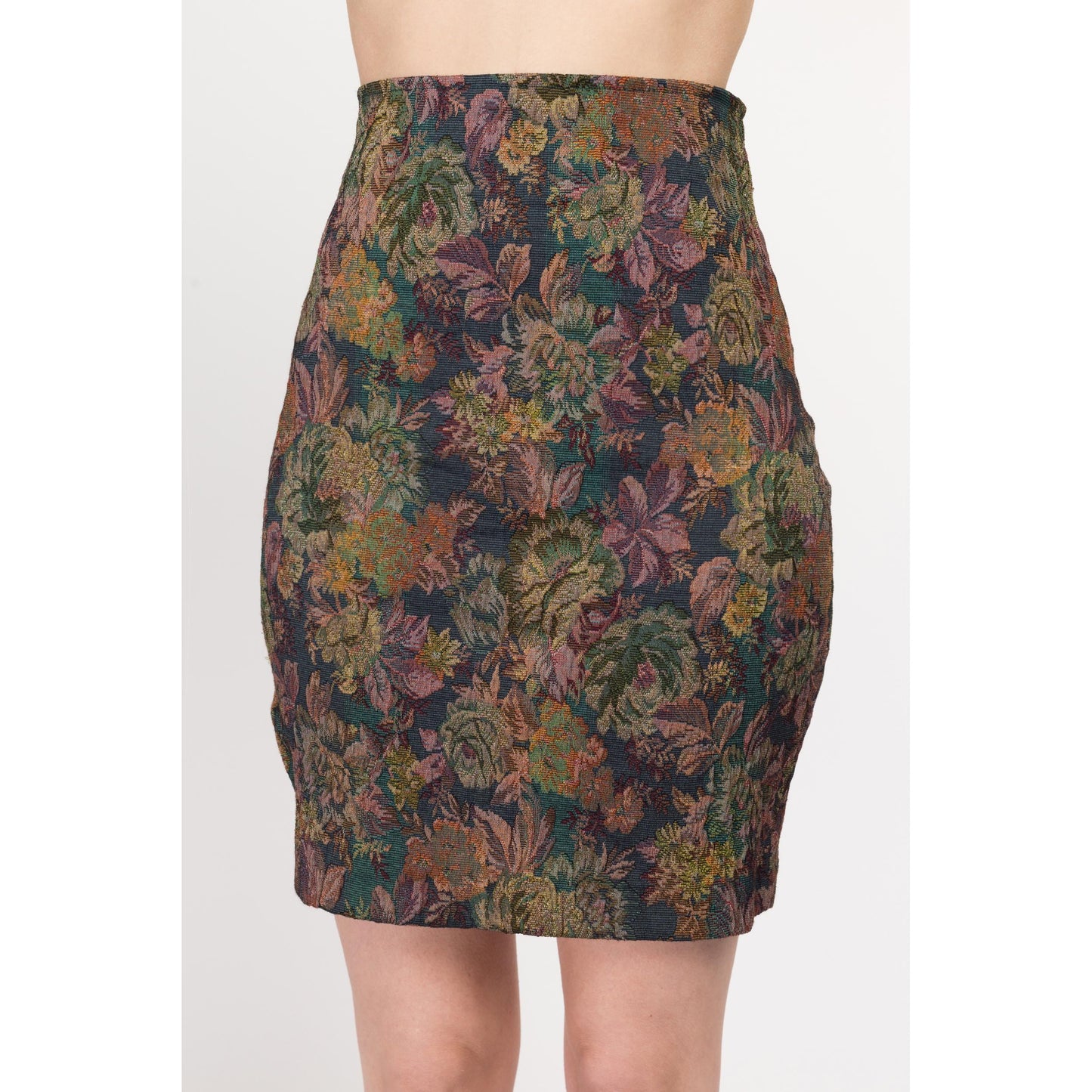 Sm-Med 90s Floral Tapestry Mini Pencil Skirt | Vintage Express High Waisted Stretchy Fitted Miniskirt