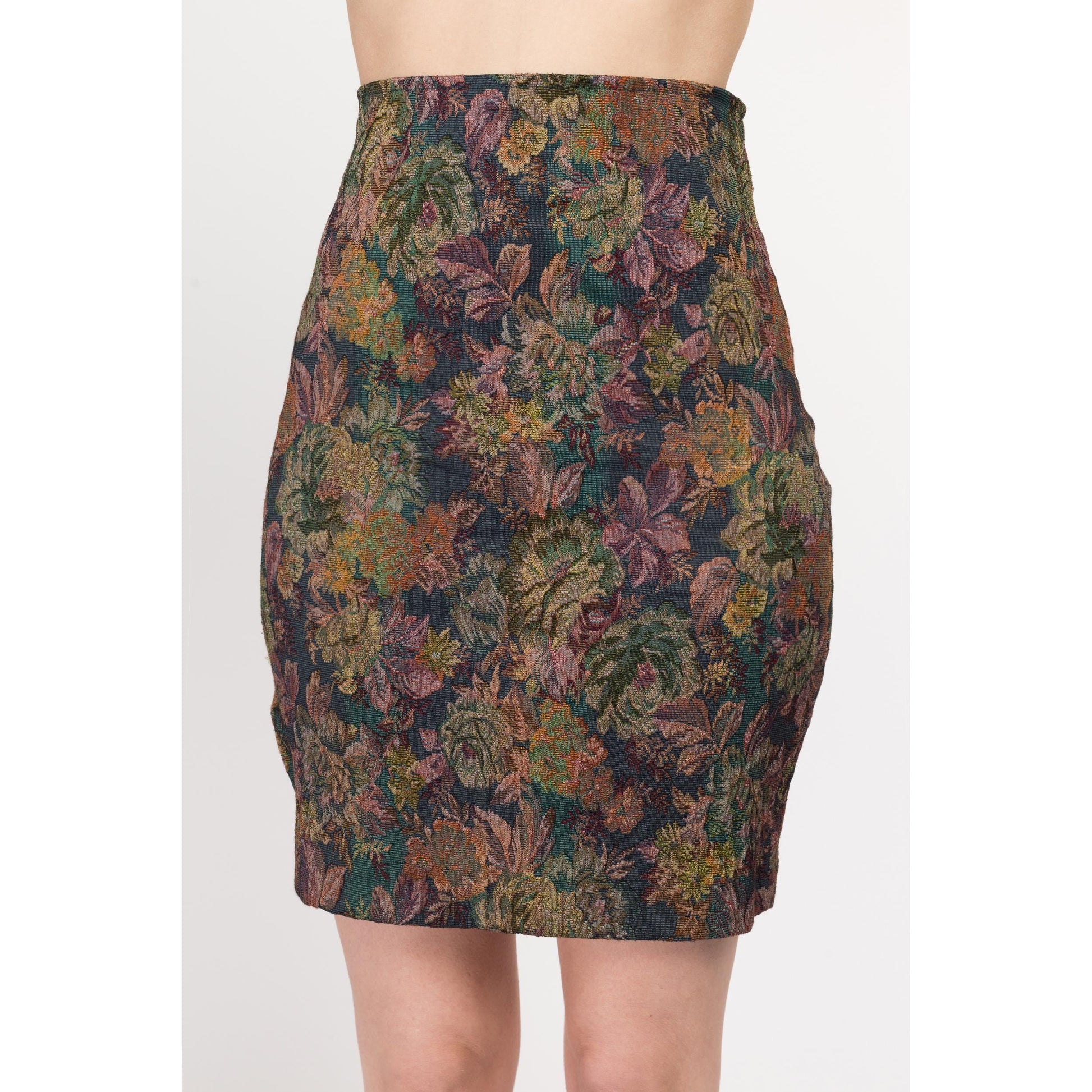 Sm-Med 90s Floral Tapestry Mini Pencil Skirt | Vintage Express High Waisted Stretchy Fitted Miniskirt