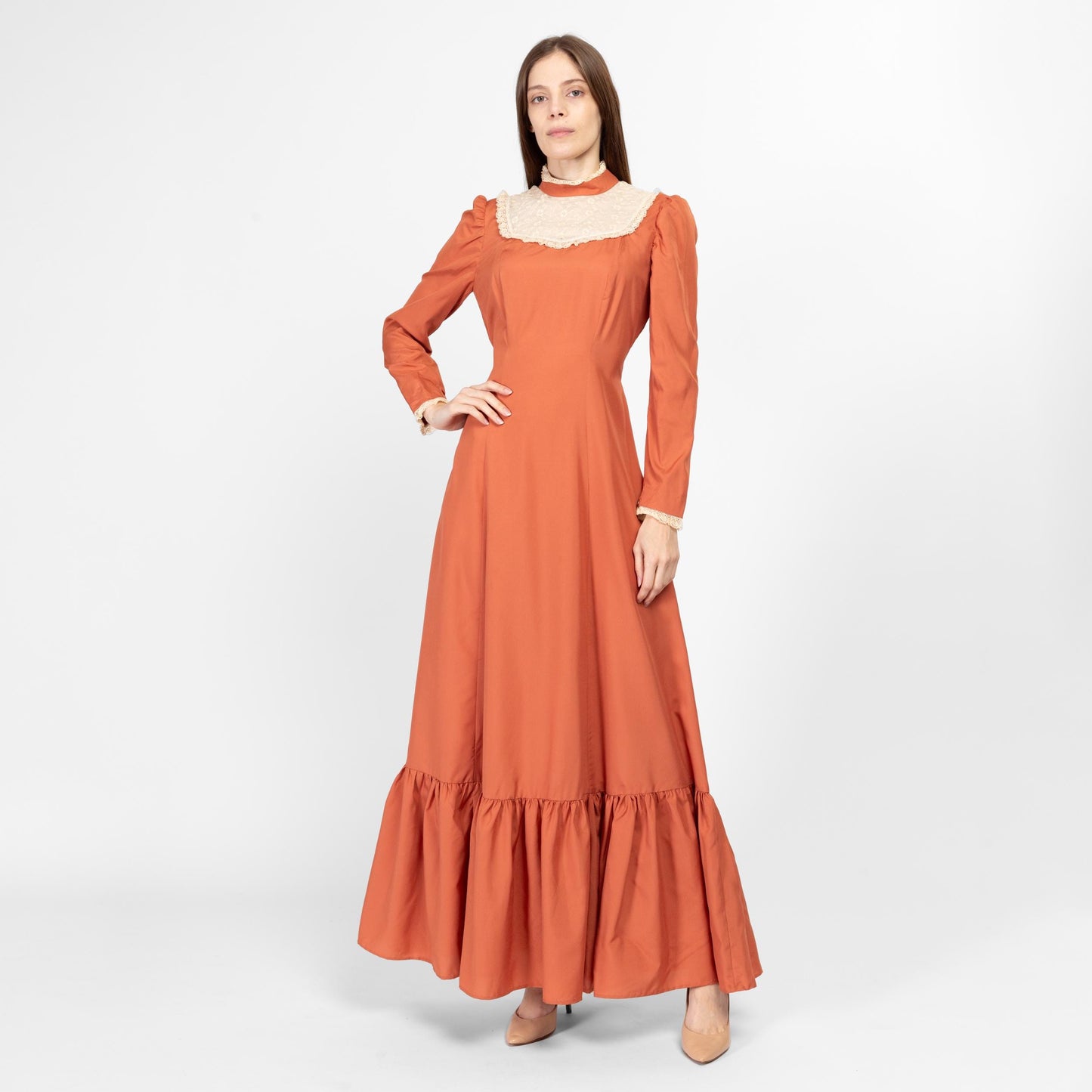 Medium 70s Does Victorian Orange Prairie Maxi Dress – Flying Apple Vintage