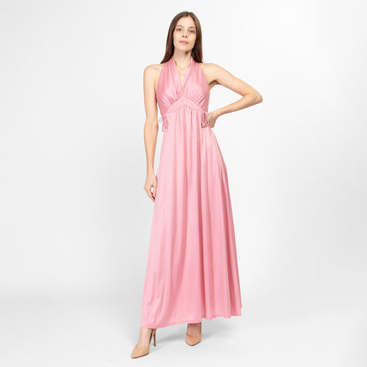 XS 70s Pink Grecian Maxi Gown | Vintage Sleeveless Halter Racerback Long Boho Party Dress