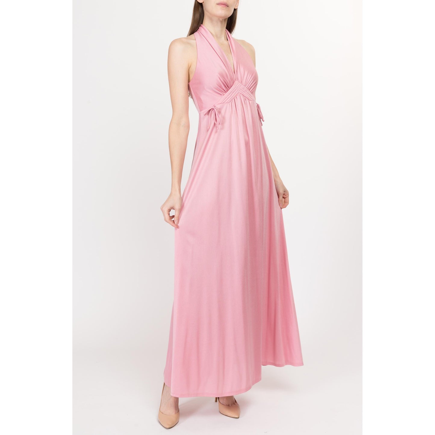 XS 70s Pink Grecian Maxi Gown | Vintage Sleeveless Halter Racerback Long Boho Party Dress