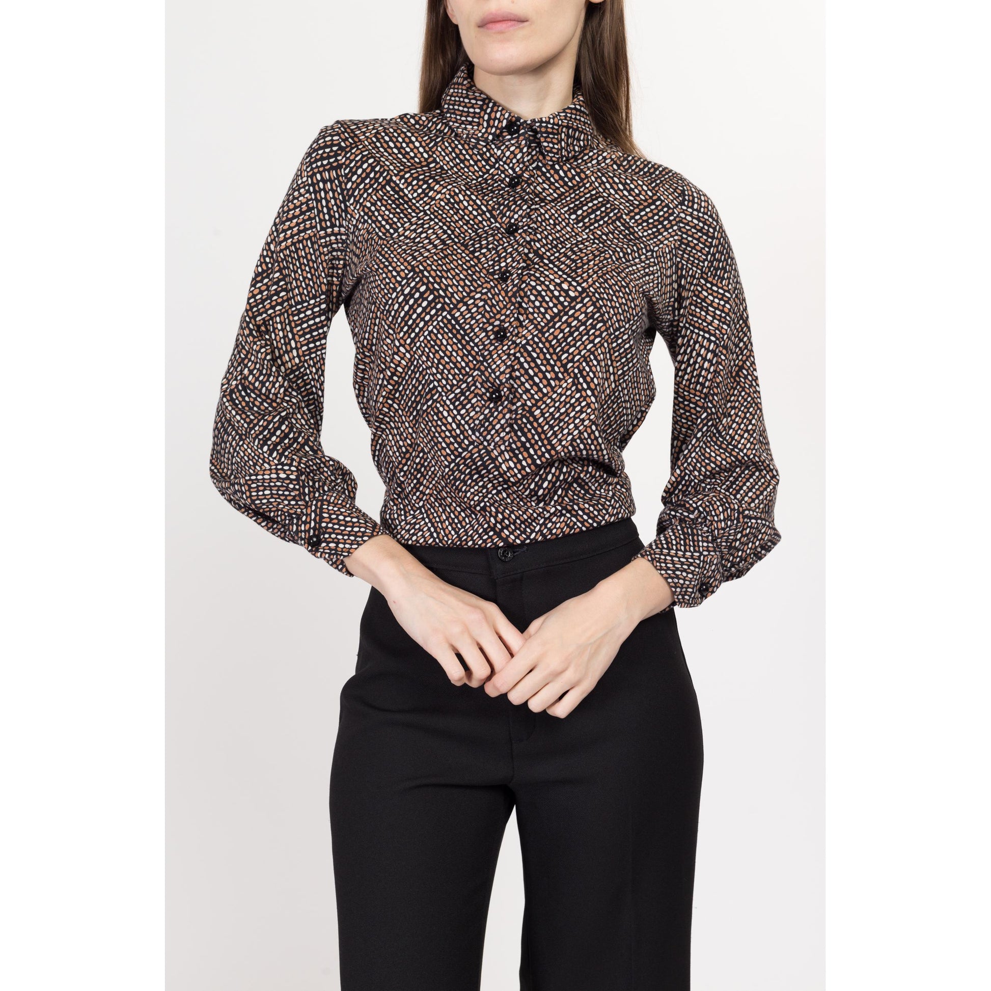 Small 70s Mod Op Art Print Collared Shirt | Vintage Abstract Button Up Long Sleeve Jersey Knit Top