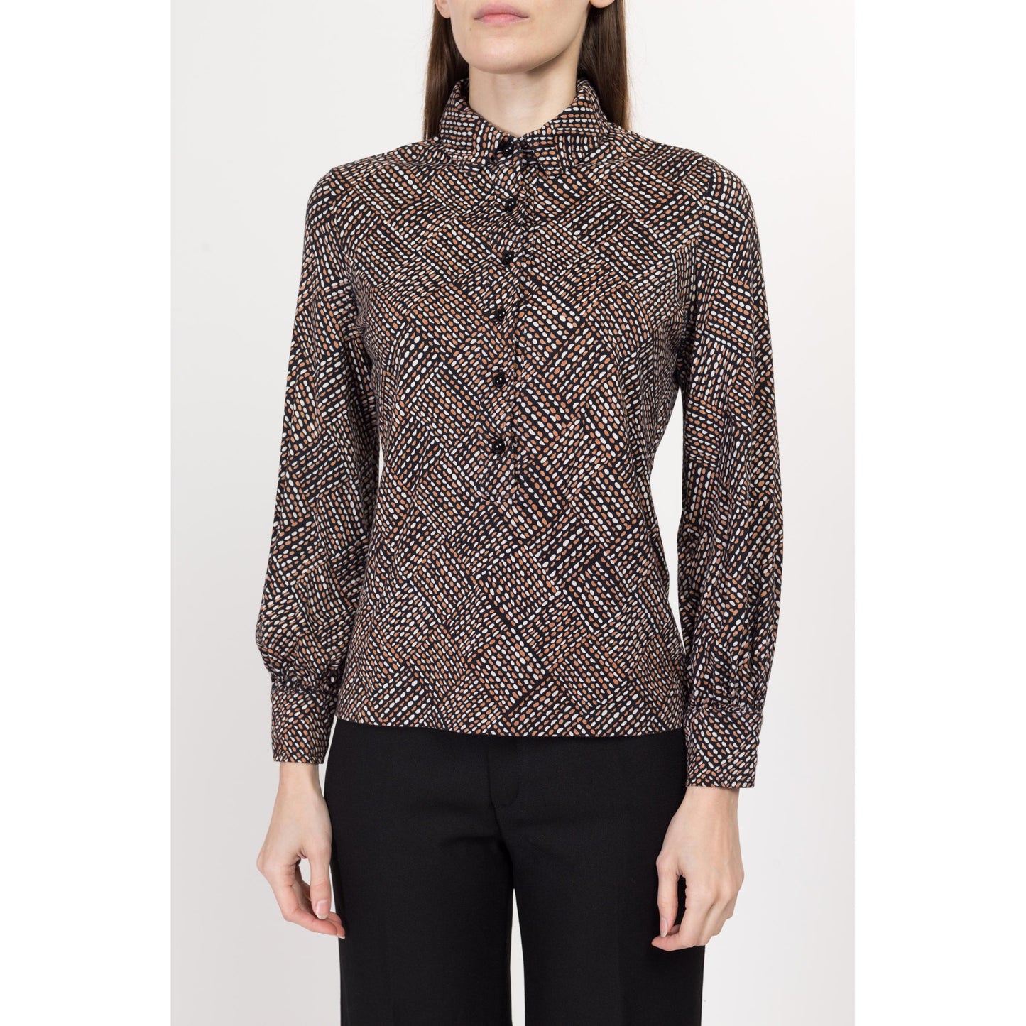 Small 70s Mod Op Art Print Collared Shirt | Vintage Abstract Button Up Long Sleeve Jersey Knit Top